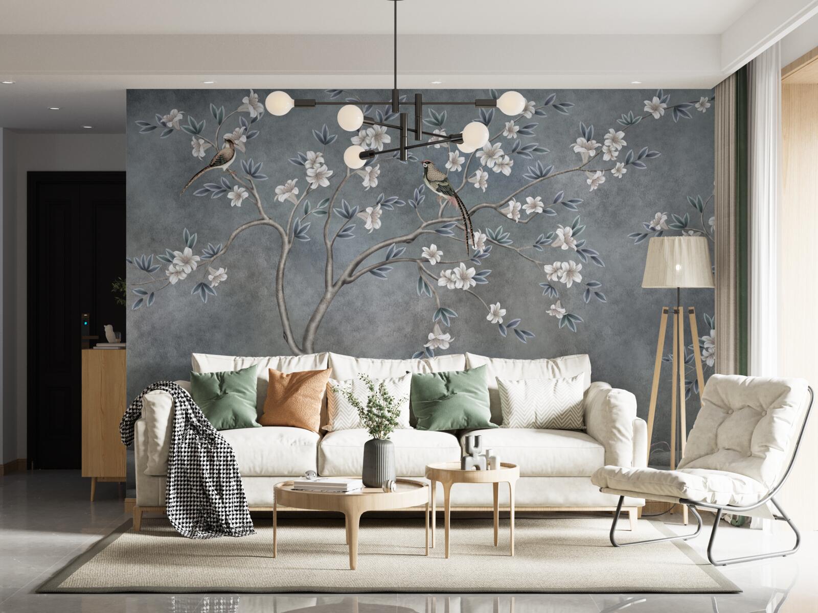 Fototapet copacii cu flori albe sunt decorați cu păsări