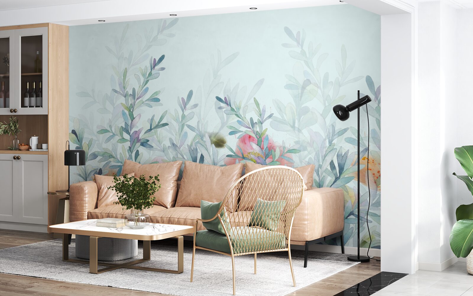 Fototapet flori cu o nuanță delicată, cerească