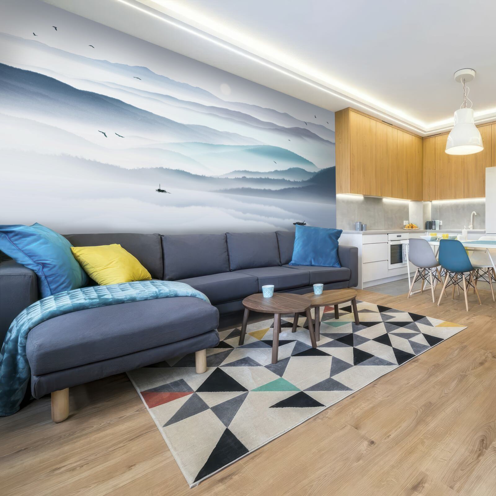 Fototapet vine ceața, acoperind râul de munte cu un văl gros