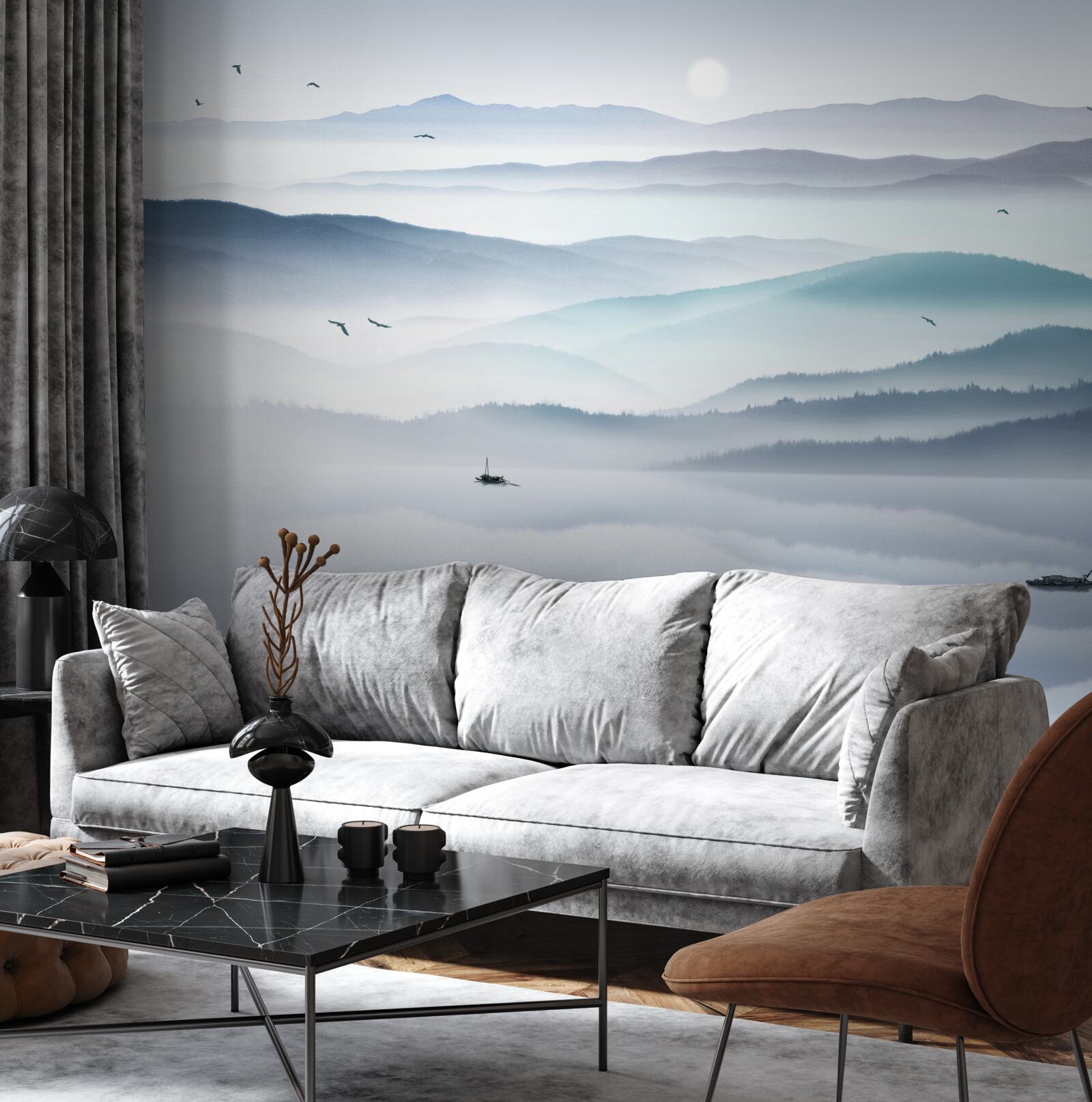 Fototapet vine ceața, acoperind râul de munte cu un văl gros