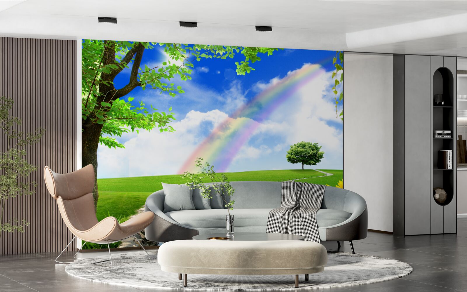 Fototapet strălucire colorată peste o poiană verde