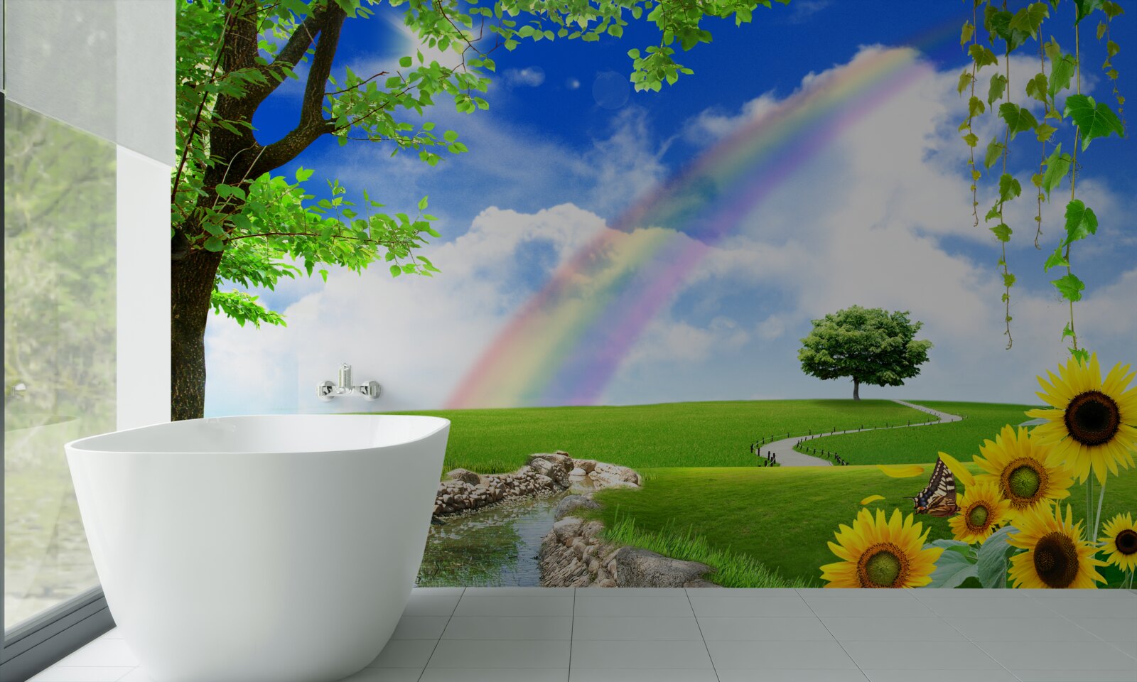 Fototapet strălucire colorată peste o poiană verde