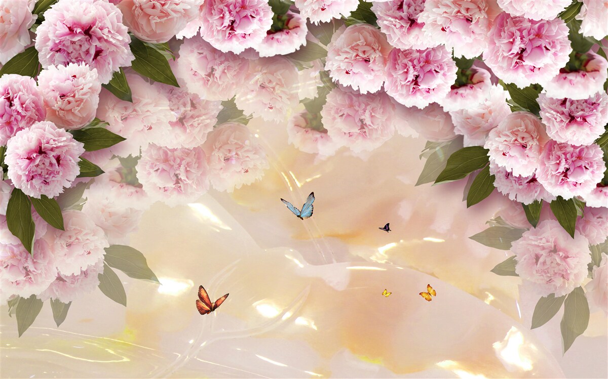 Fototapet papillon delicat și flori roz