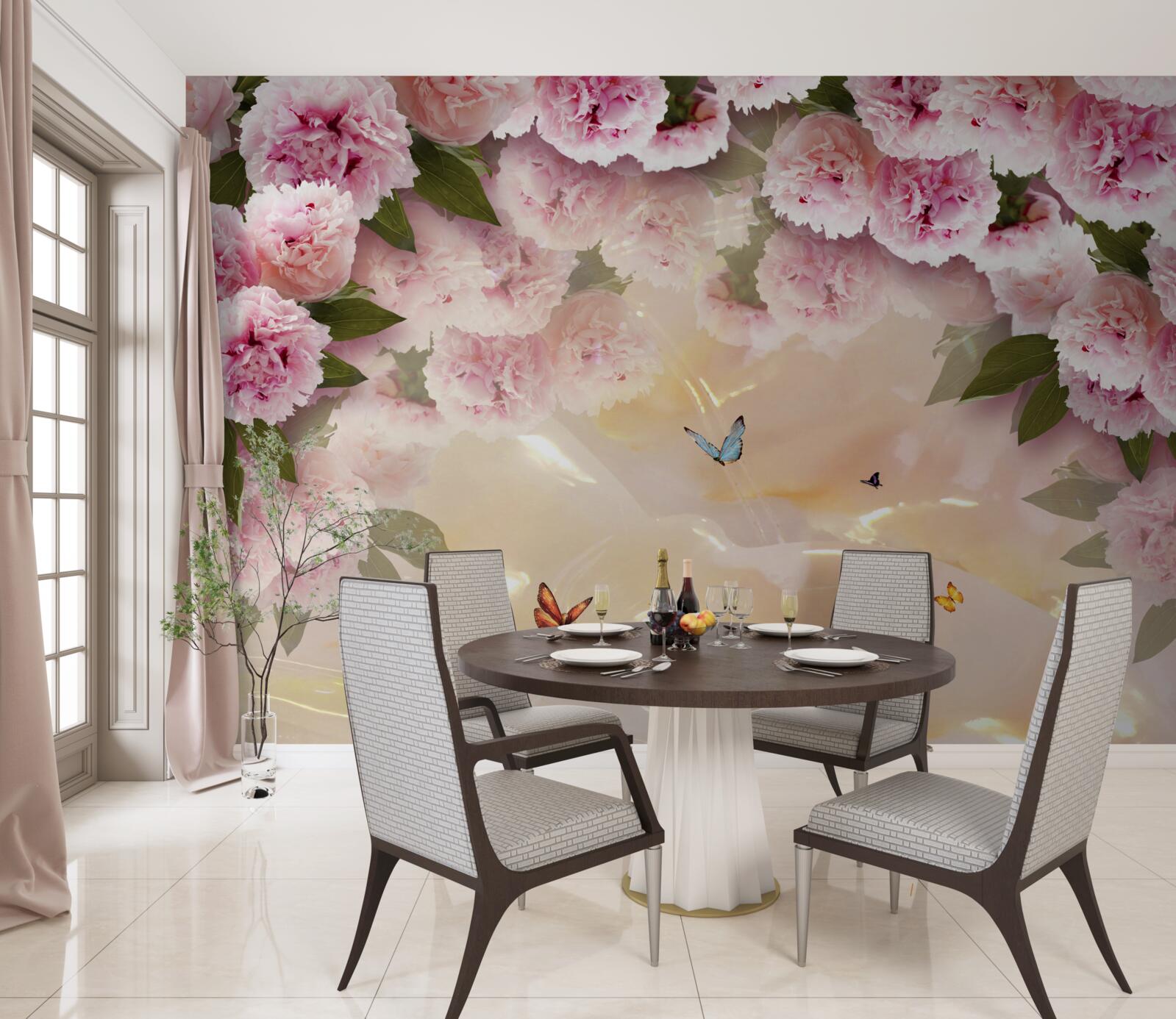 Fototapet papillon delicat și flori roz