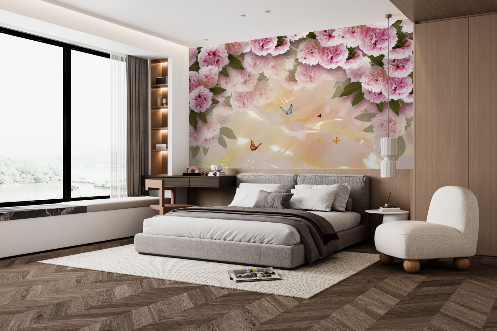 Fototapet papillon delicat și flori roz