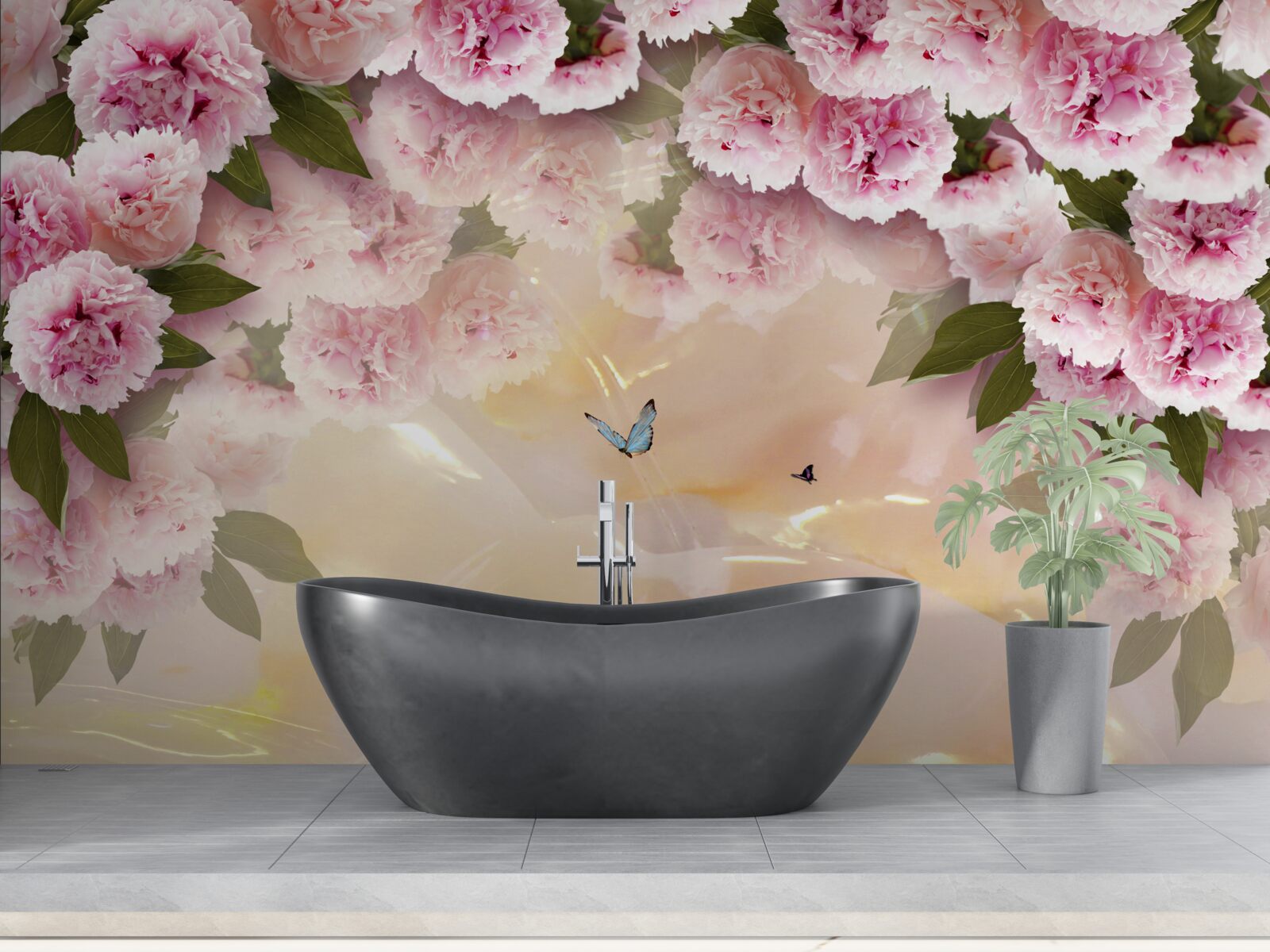 Fototapet papillon delicat și flori roz