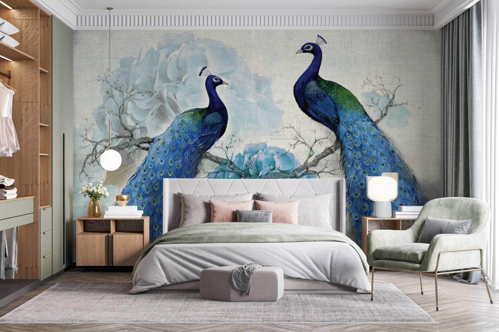 Fototapet păuni cu pene albastre pe flori de aceeași nuanță