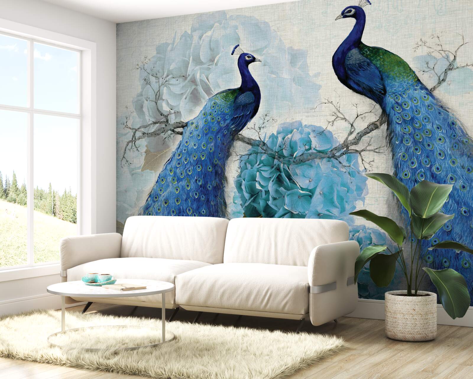 Fototapet păuni cu pene albastre pe flori de aceeași nuanță