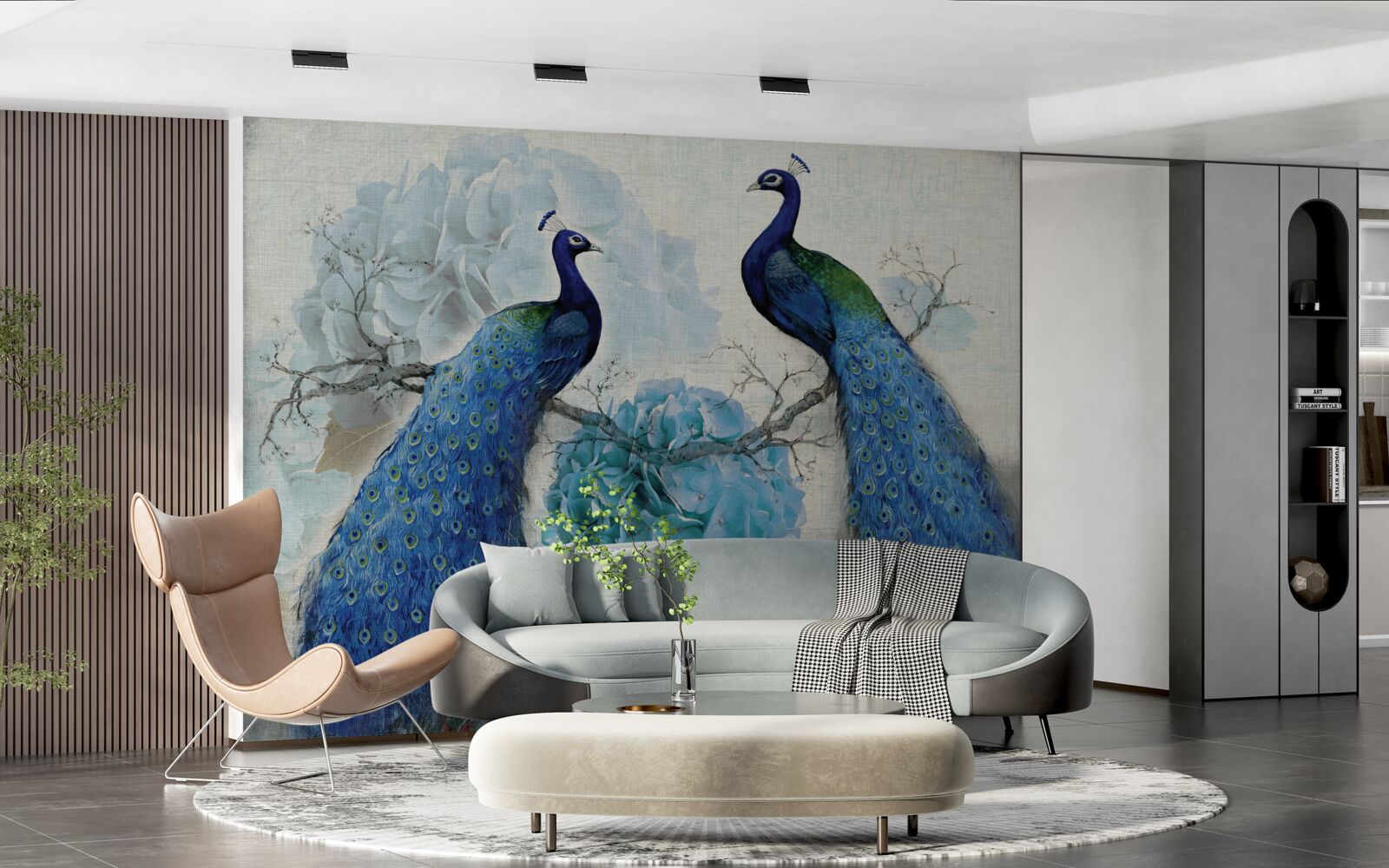 Fototapet păuni cu pene albastre pe flori de aceeași nuanță