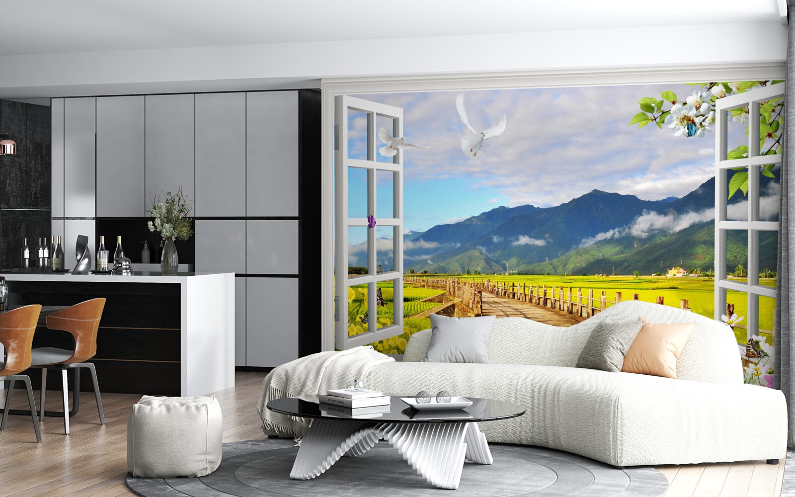 Fototapet vedere de la fereastra de pe panorama de munte