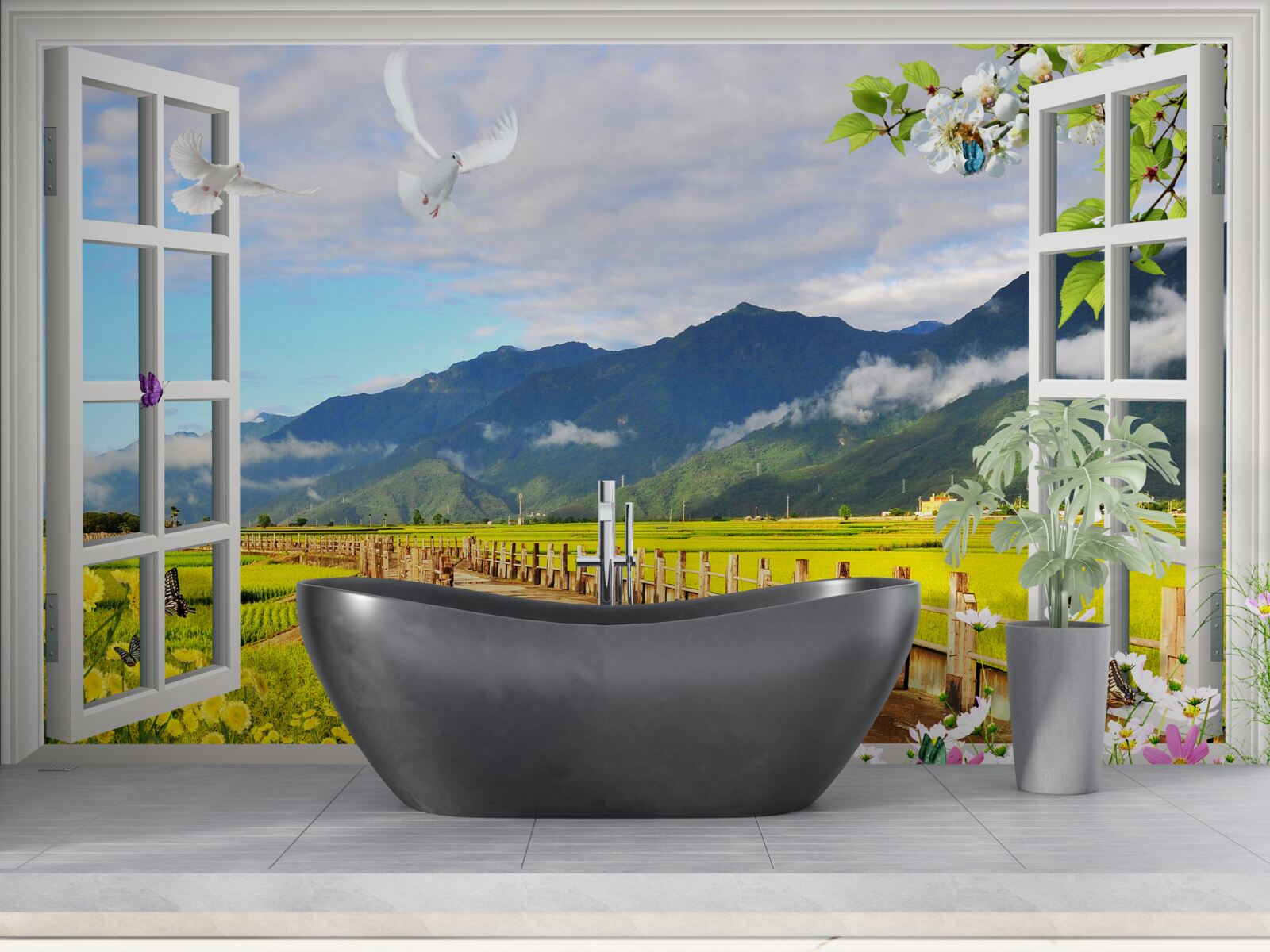 Fototapet vedere de la fereastra de pe panorama de munte