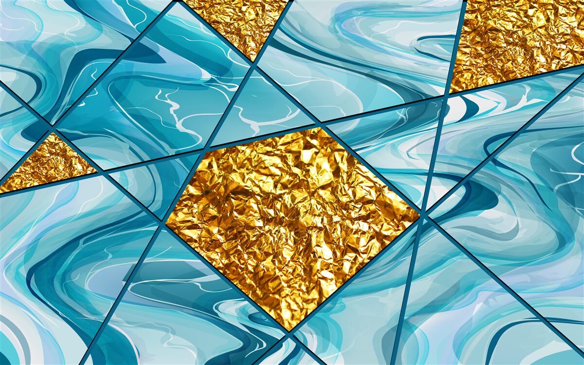 Fototapet cerul este albastru și defocalizat, decorat cu accente aurii