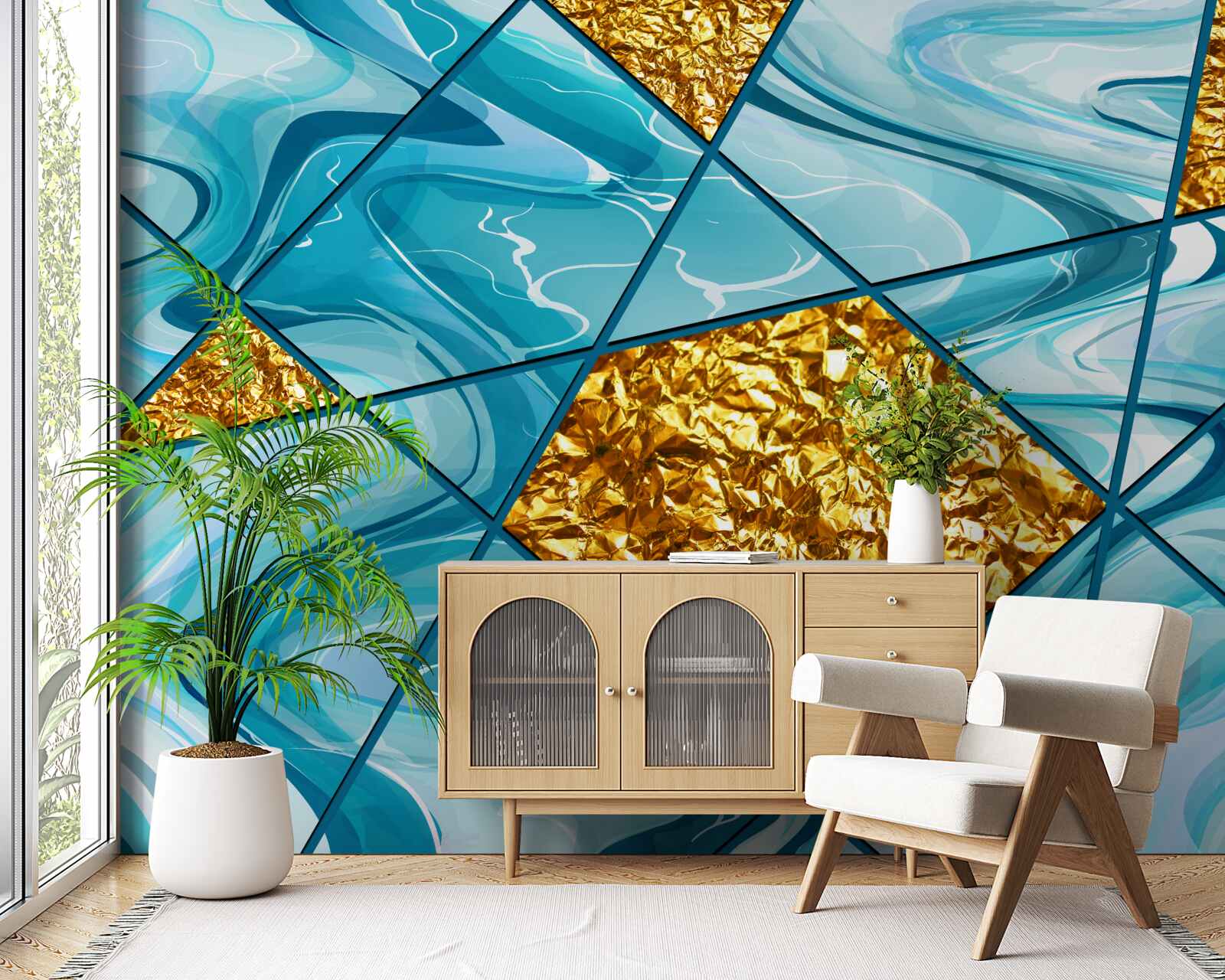 Fototapet cerul este albastru și defocalizat, decorat cu accente aurii