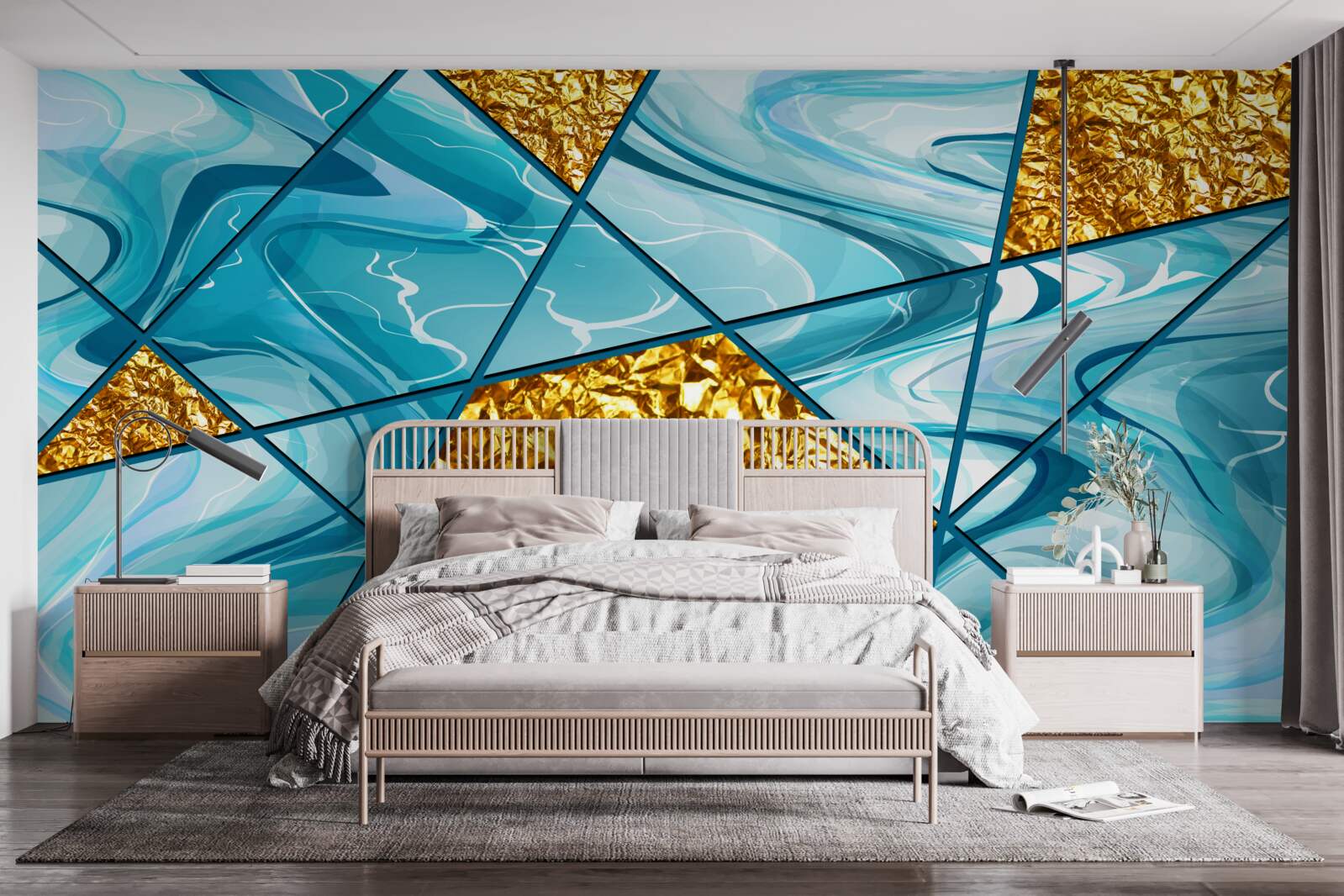 Fototapet cerul este albastru și defocalizat, decorat cu accente aurii