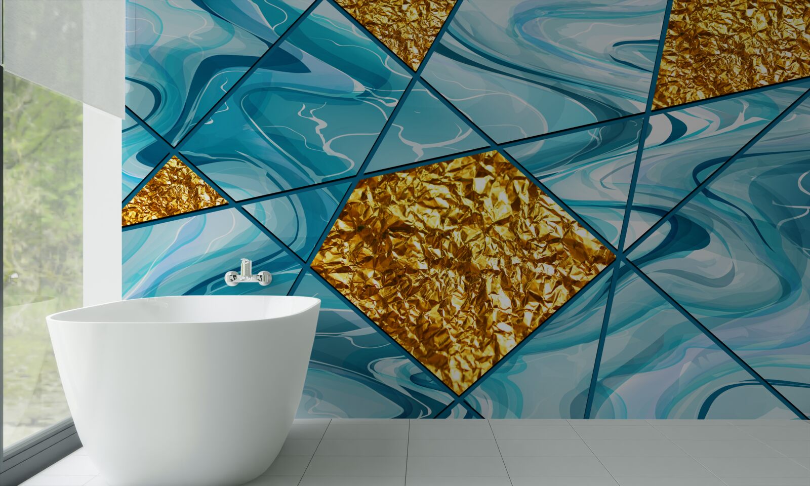 Fototapet cerul este albastru și defocalizat, decorat cu accente aurii