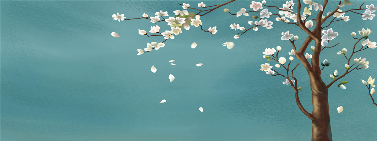 Fototapet fundal turcoaz decorat cu un copac înflorit