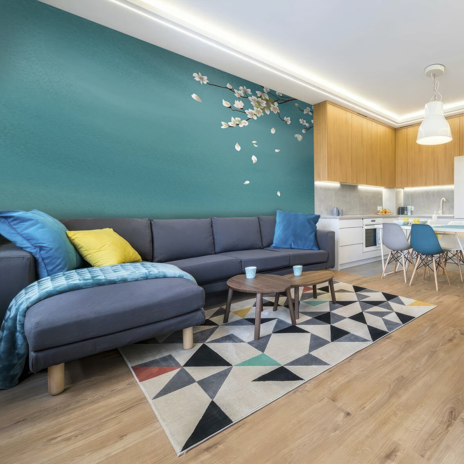 Fototapet fundal turcoaz decorat cu un copac înflorit