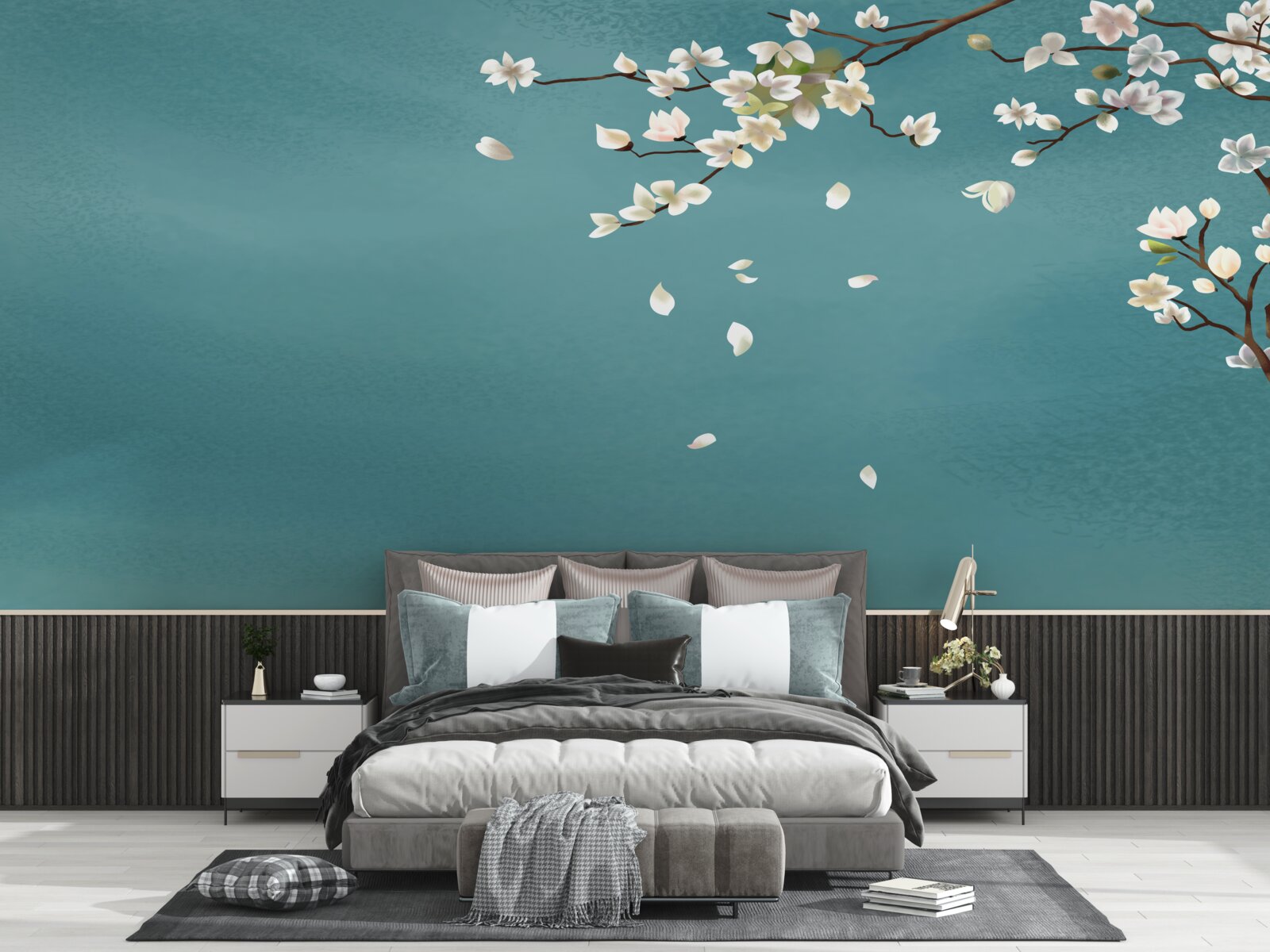 Fototapet fundal turcoaz decorat cu un copac înflorit