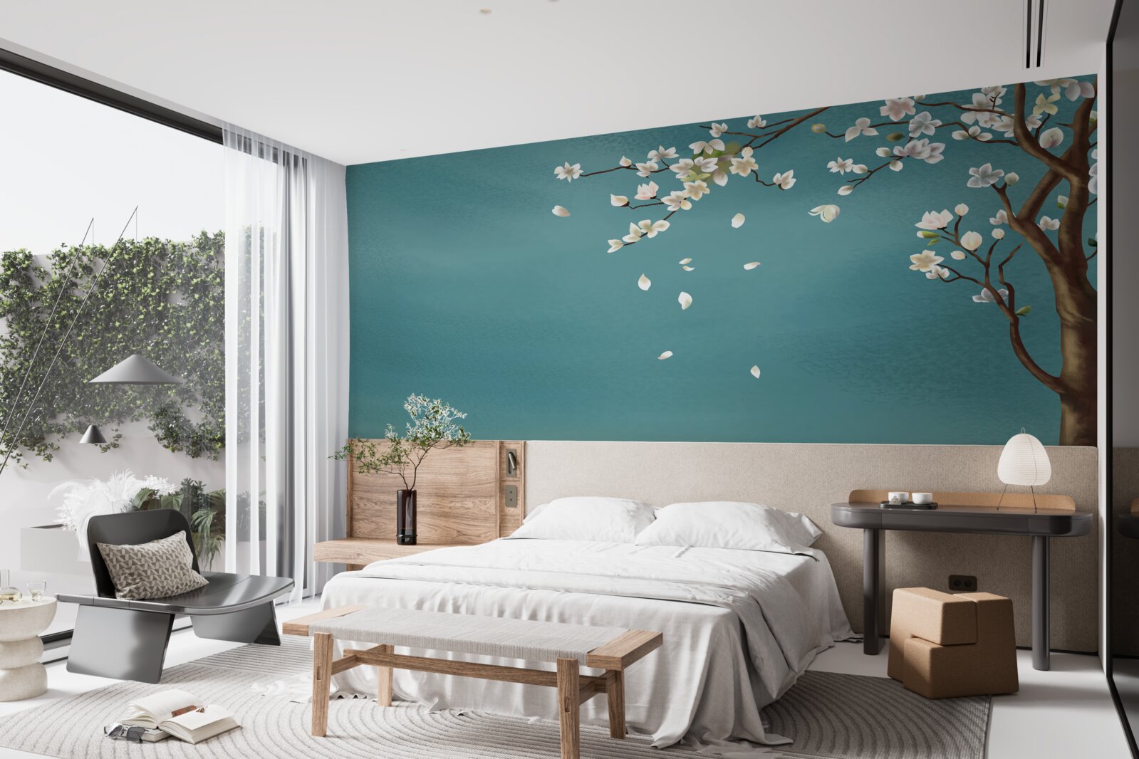 Fototapet fundal turcoaz decorat cu un copac înflorit