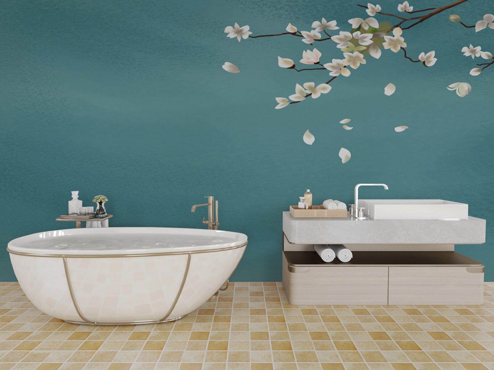 Fototapet fundal turcoaz decorat cu un copac înflorit