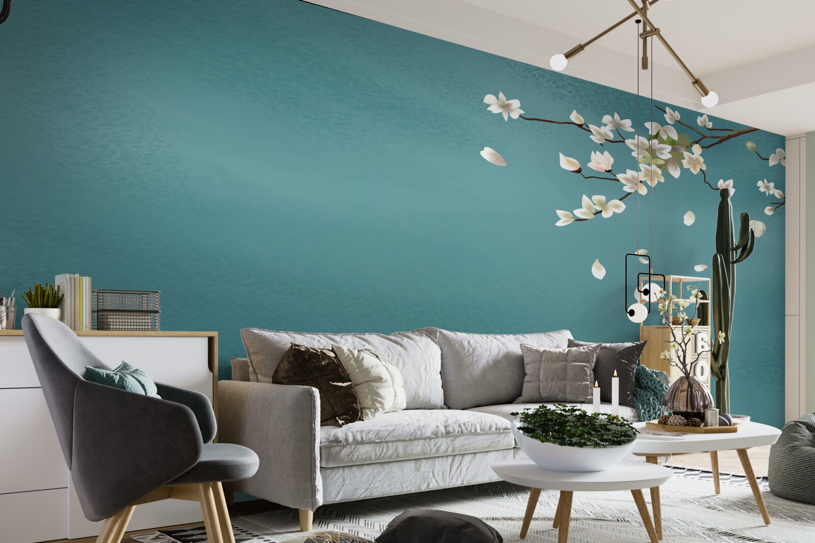 Fototapet fundal turcoaz decorat cu un copac înflorit