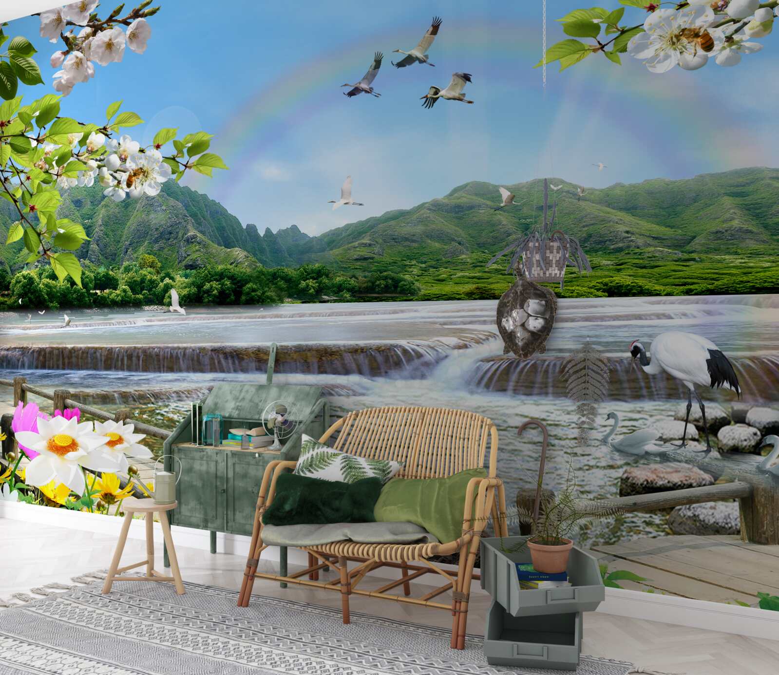 Fototapet cascadă de pădure și lac sub un curcubeu colorat