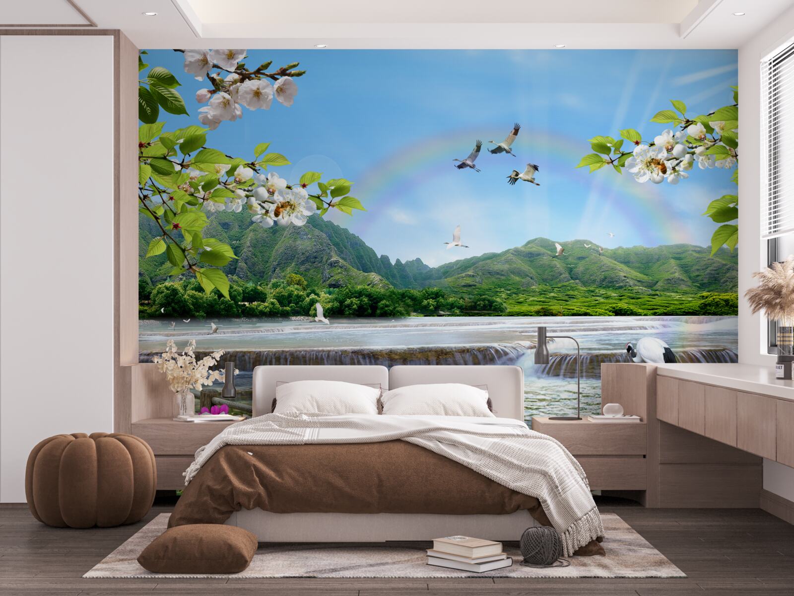 Fototapet cascadă de pădure și lac sub un curcubeu colorat