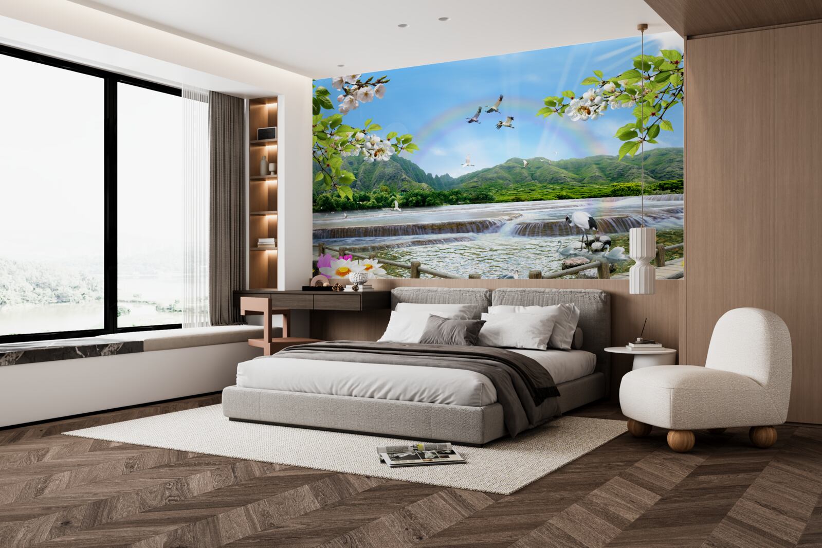 Fototapet cascadă de pădure și lac sub un curcubeu colorat