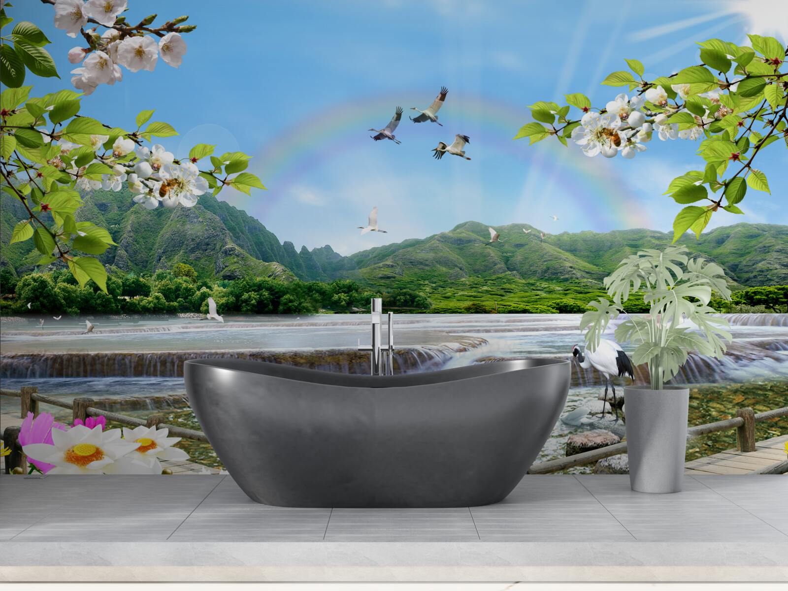 Fototapet cascadă de pădure și lac sub un curcubeu colorat