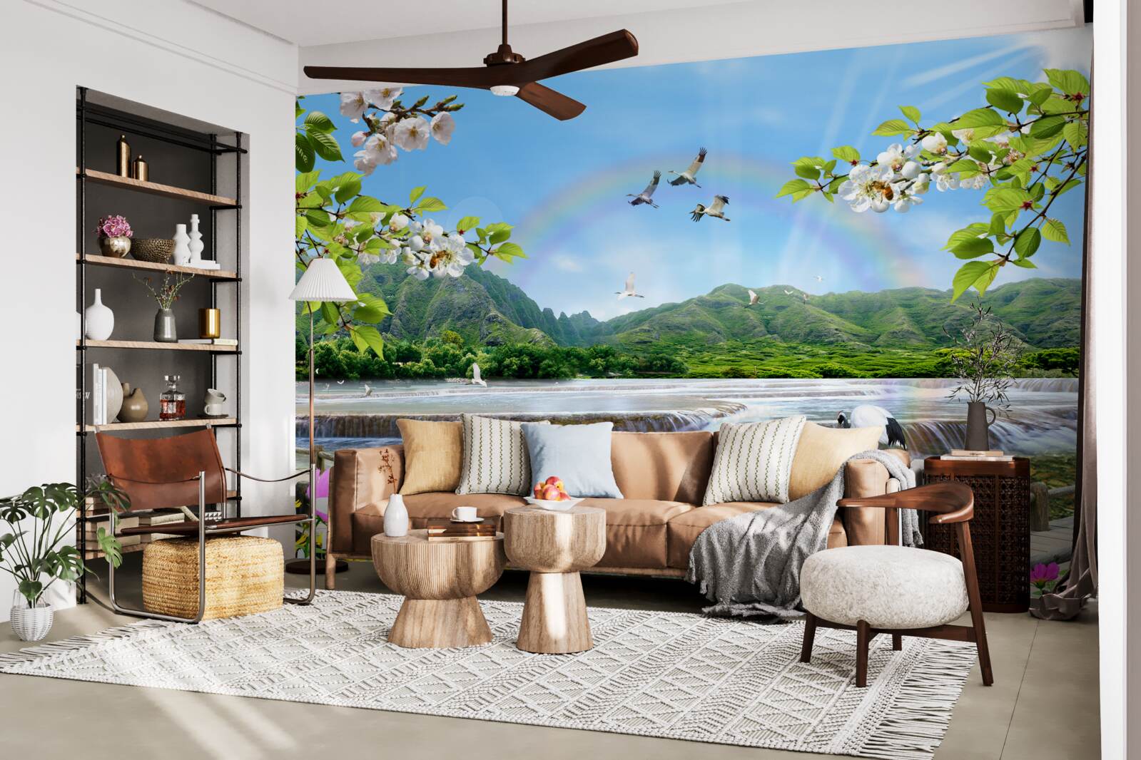 Fototapet cascadă de pădure și lac sub un curcubeu colorat