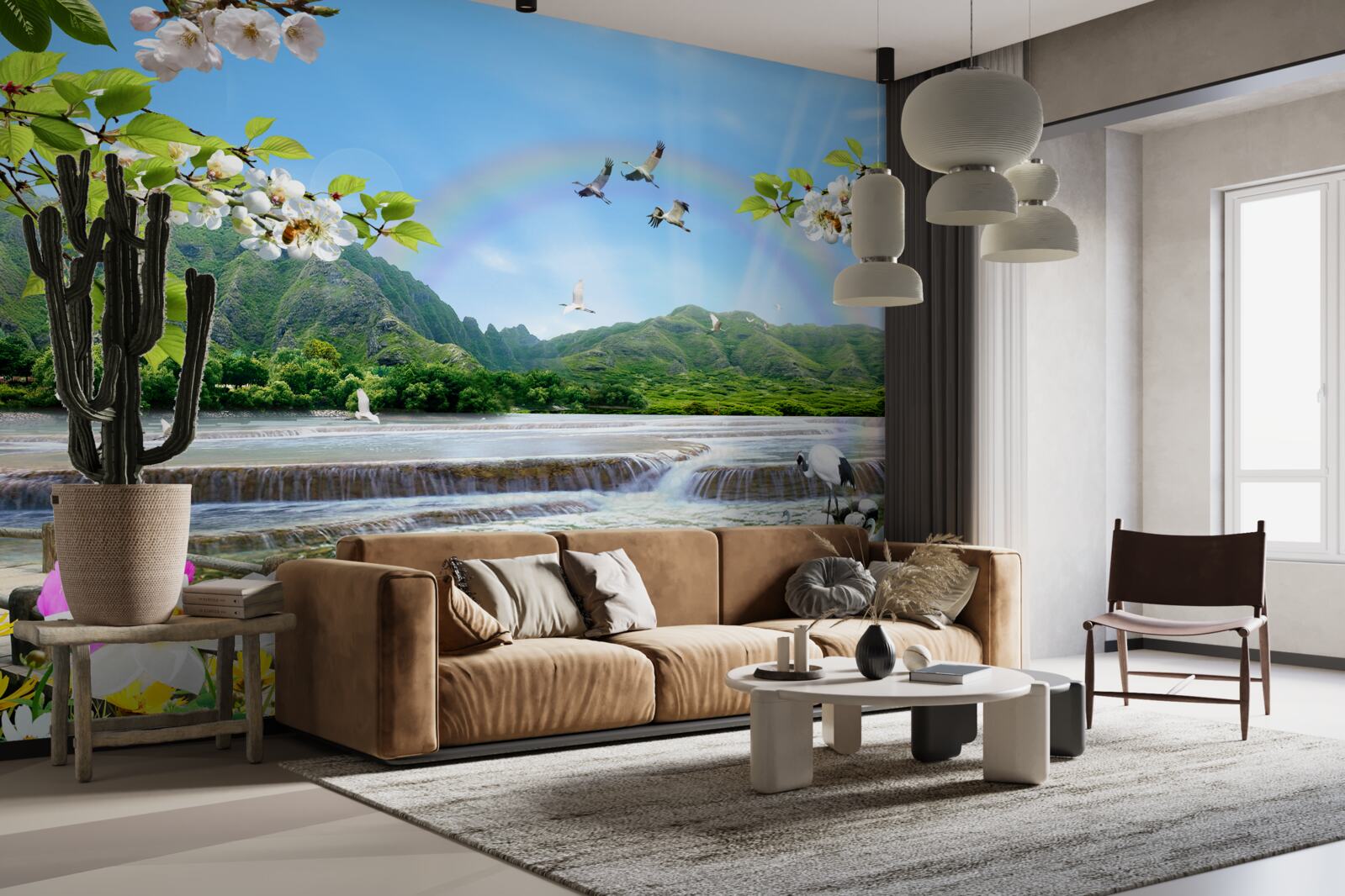 Fototapet cascadă de pădure și lac sub un curcubeu colorat