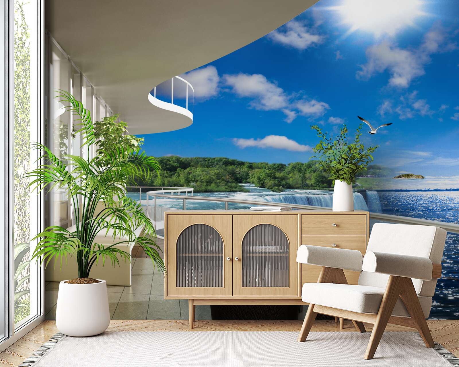 Fototapet balcon lângă o cascadă uriașă