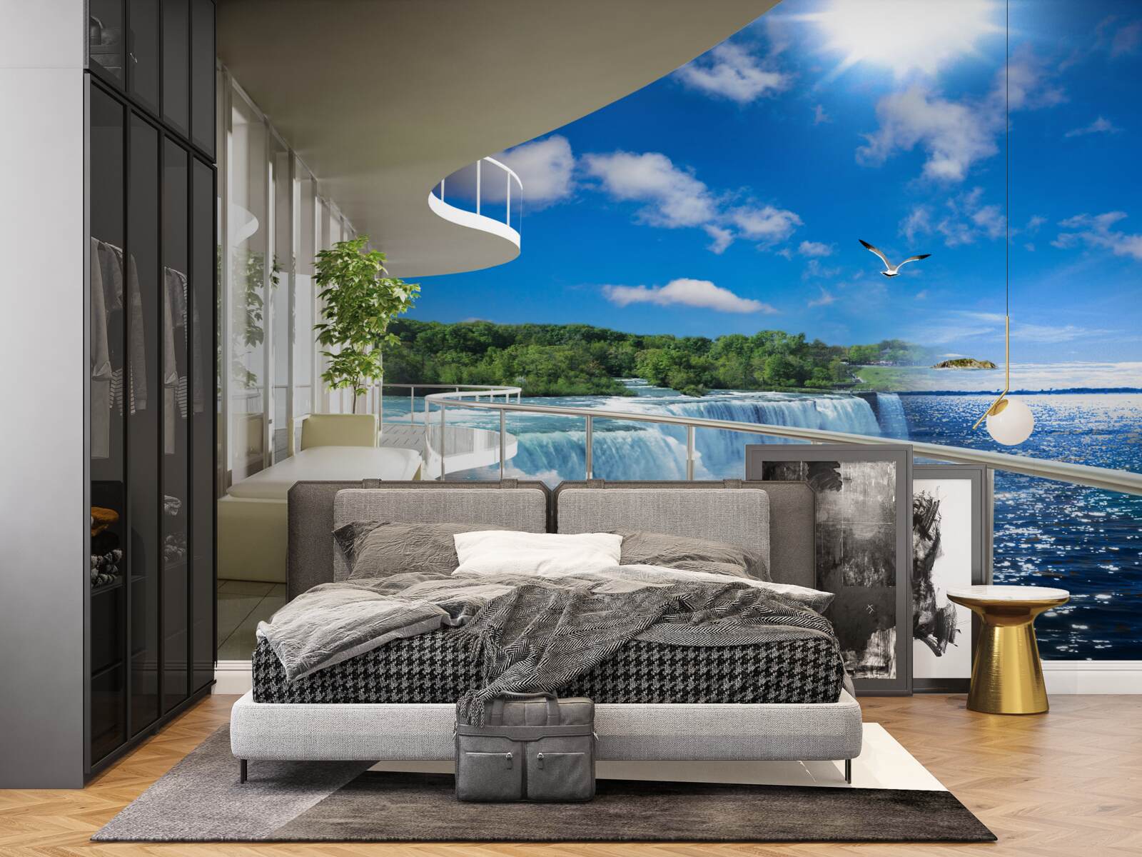 Fototapet balcon lângă o cascadă uriașă