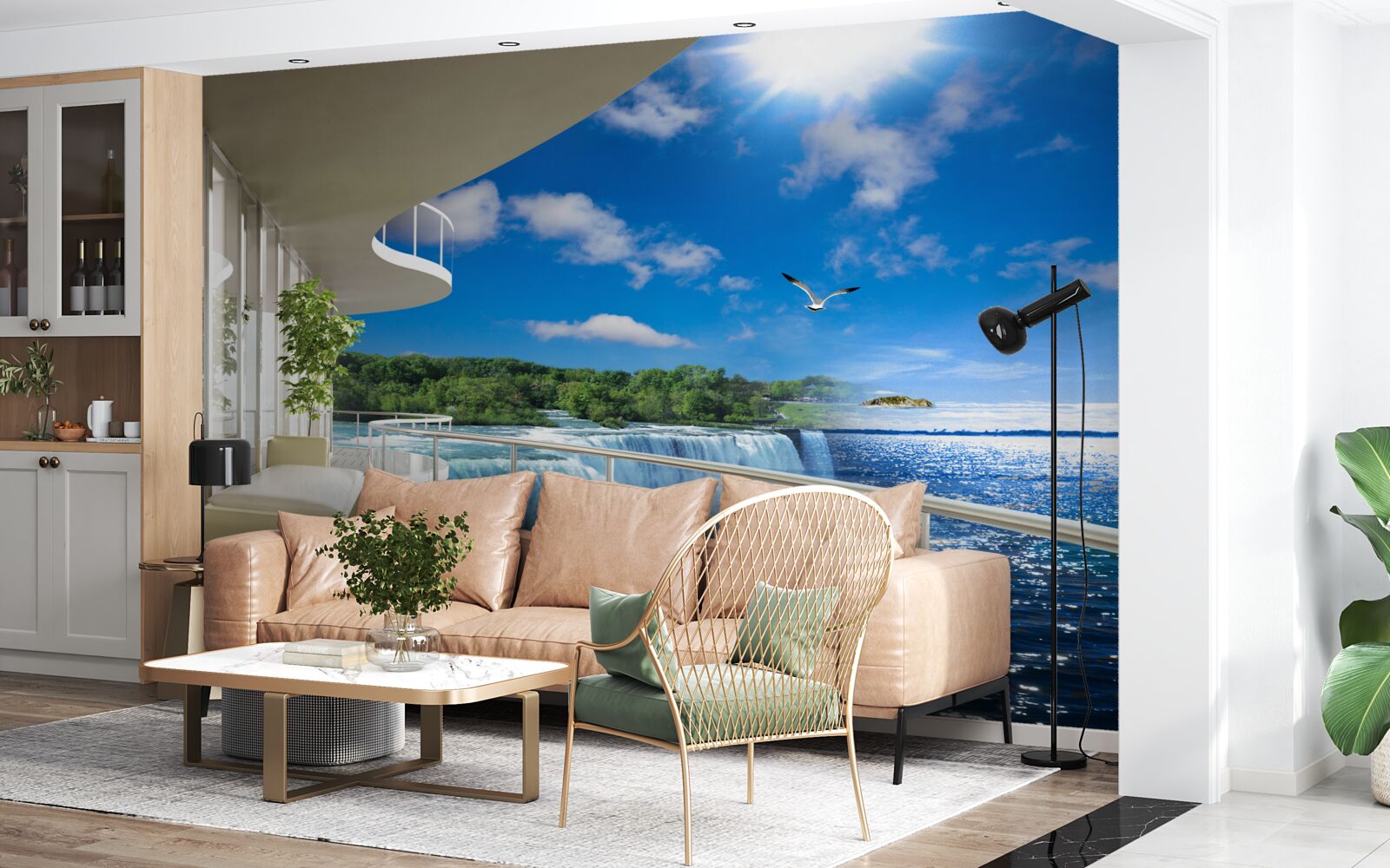 Fototapet balcon lângă o cascadă uriașă