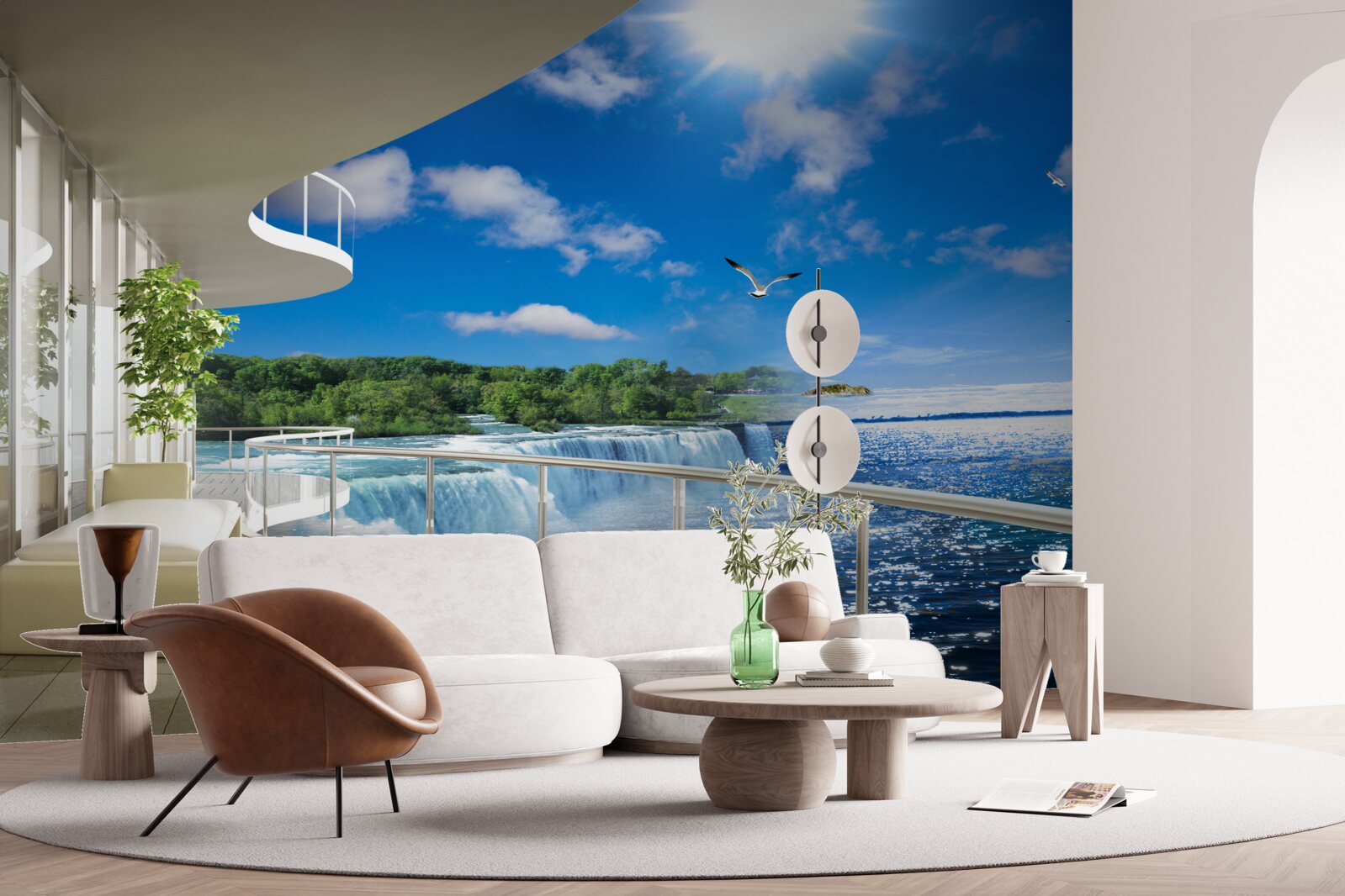 Fototapet balcon lângă o cascadă uriașă