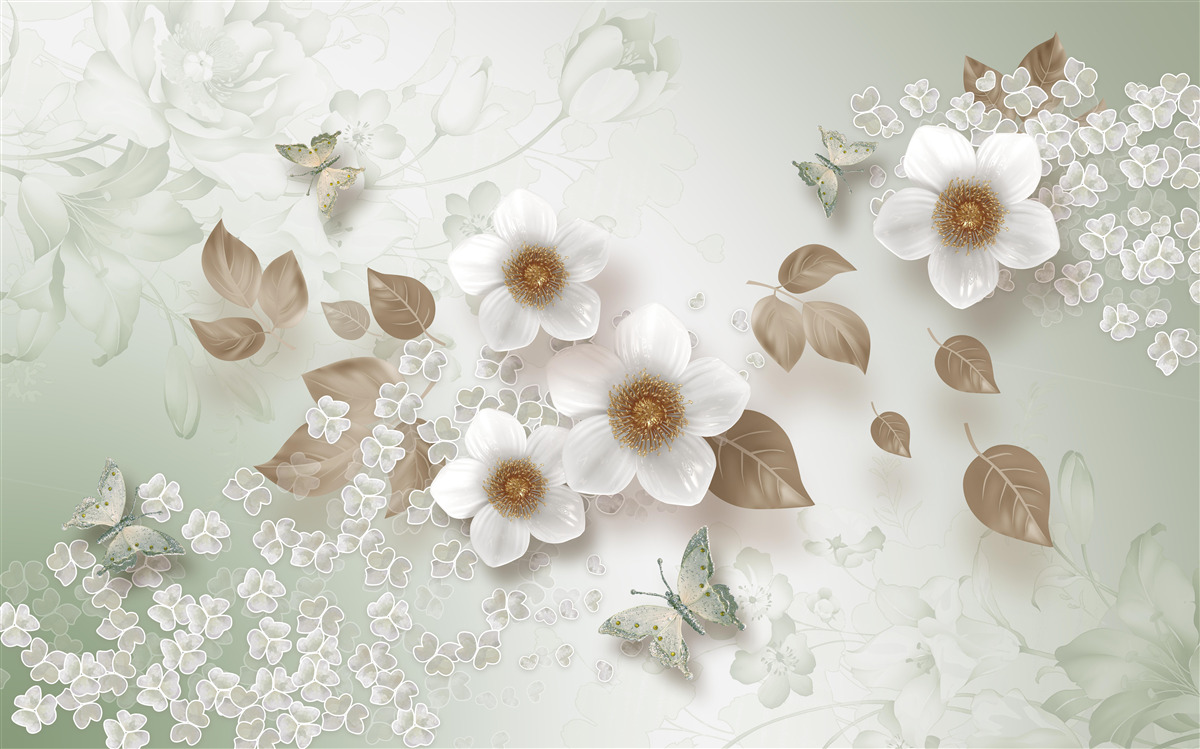 Fototapet flori albe cu muguri mari și fluturi