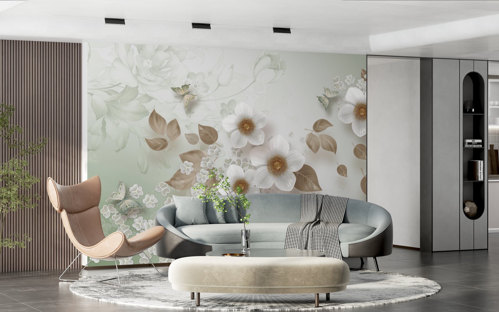 Fototapet flori albe cu muguri mari și fluturi