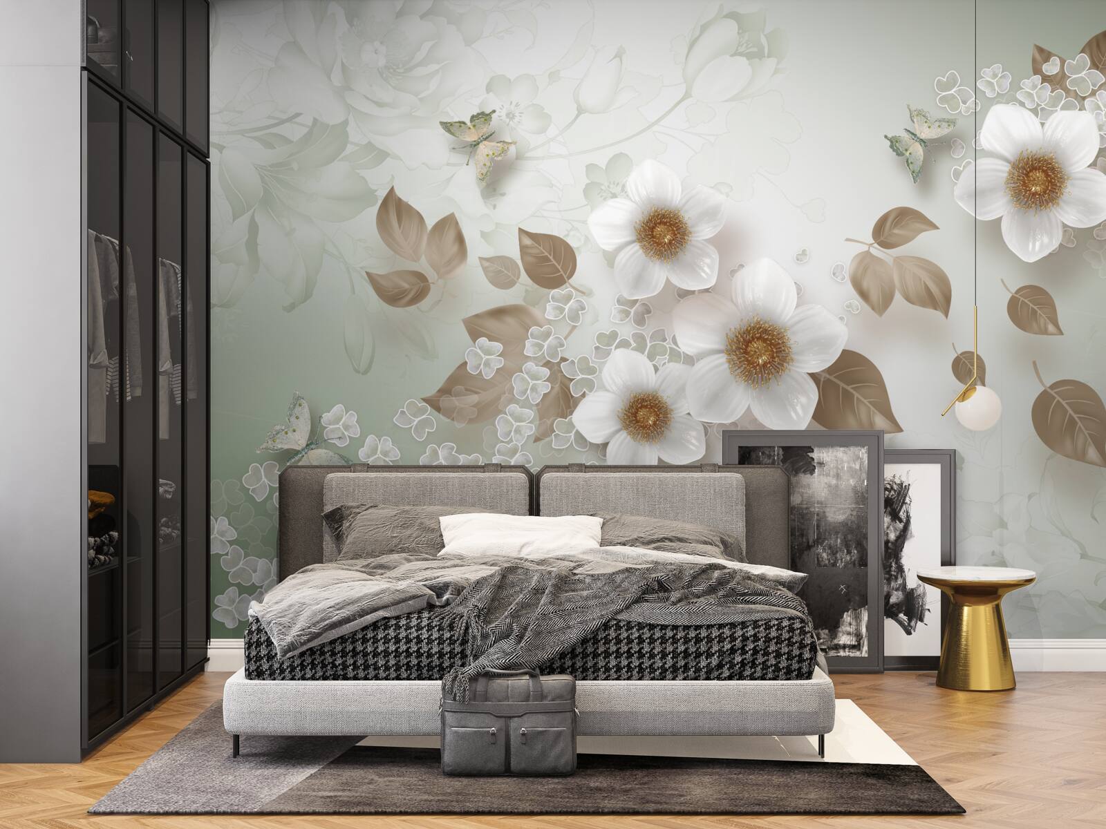 Fototapet flori albe cu muguri mari și fluturi