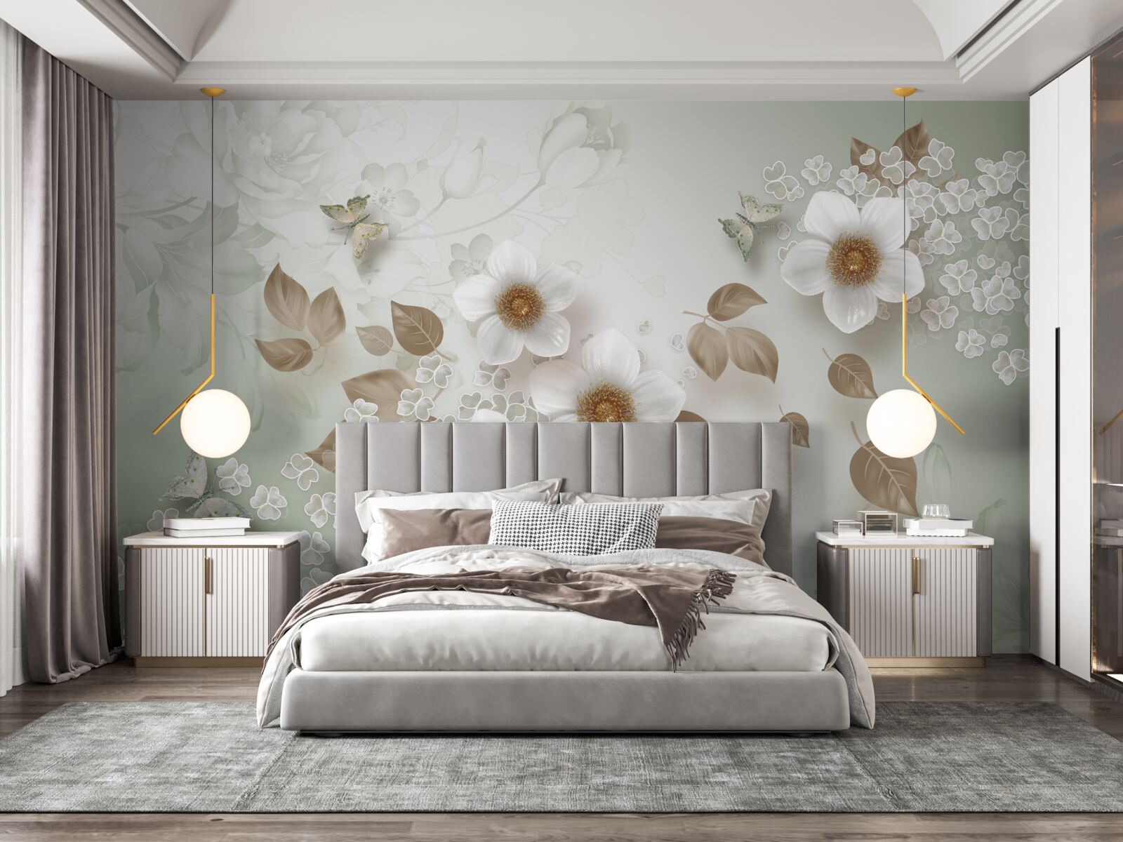 Fototapet flori albe cu muguri mari și fluturi