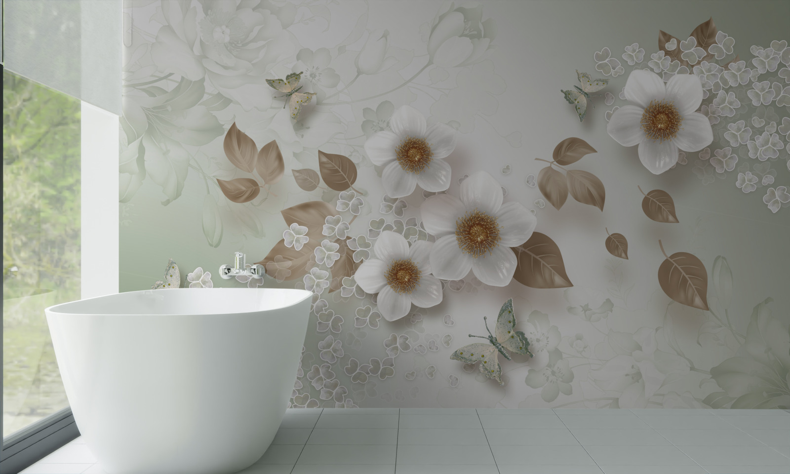 Fototapet flori albe cu muguri mari și fluturi