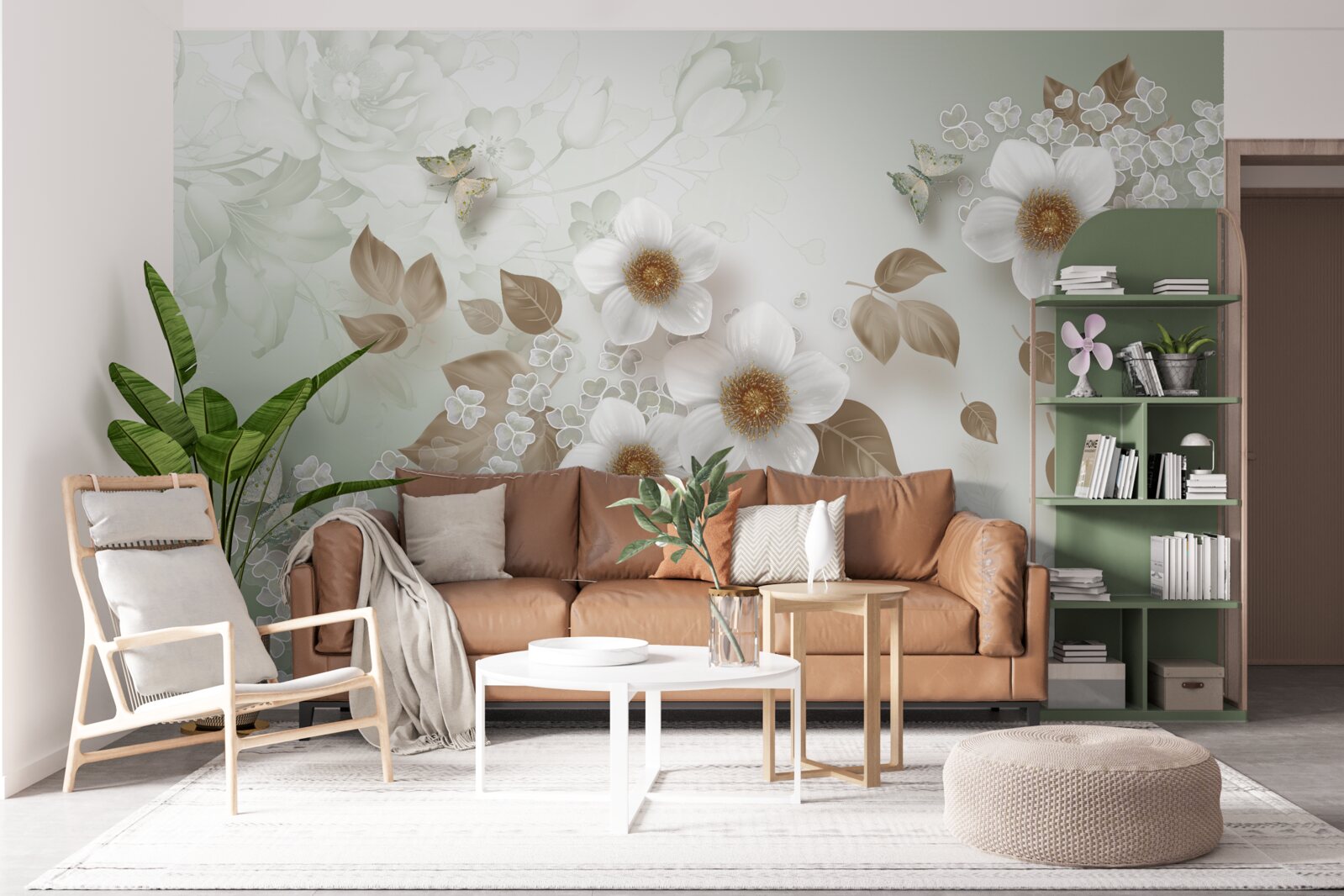 Fototapet flori albe cu muguri mari și fluturi