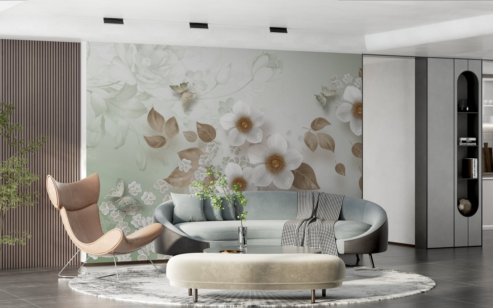 Fototapet flori albe cu muguri mari și fluturi