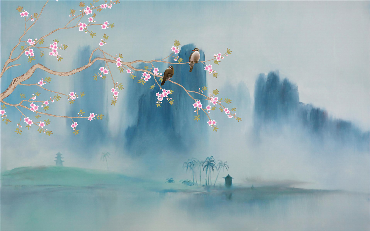 Fototapet florile de cireș se ramifică deasupra unui lac acoperit de ceață