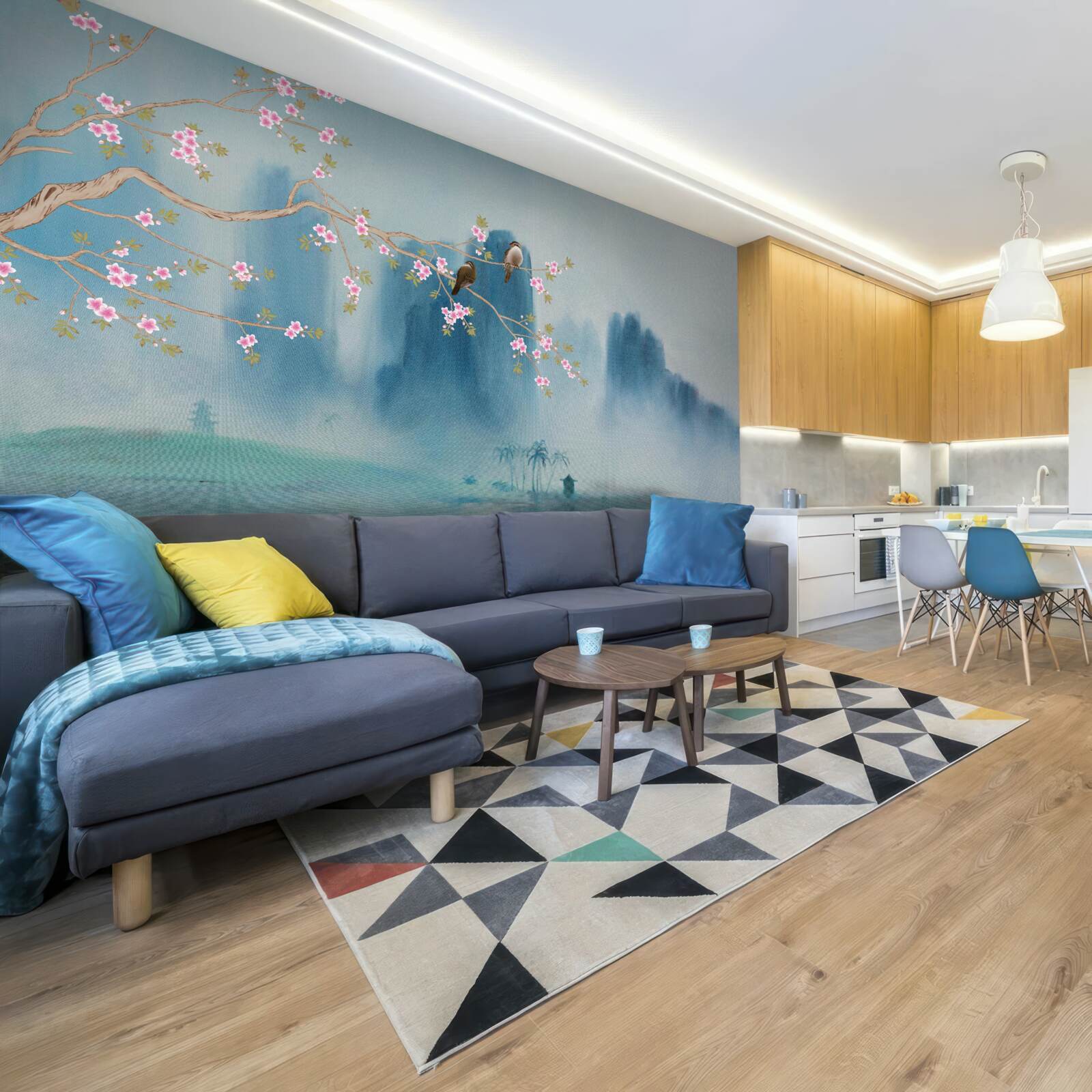 Fototapet florile de cireș se ramifică deasupra unui lac acoperit de ceață