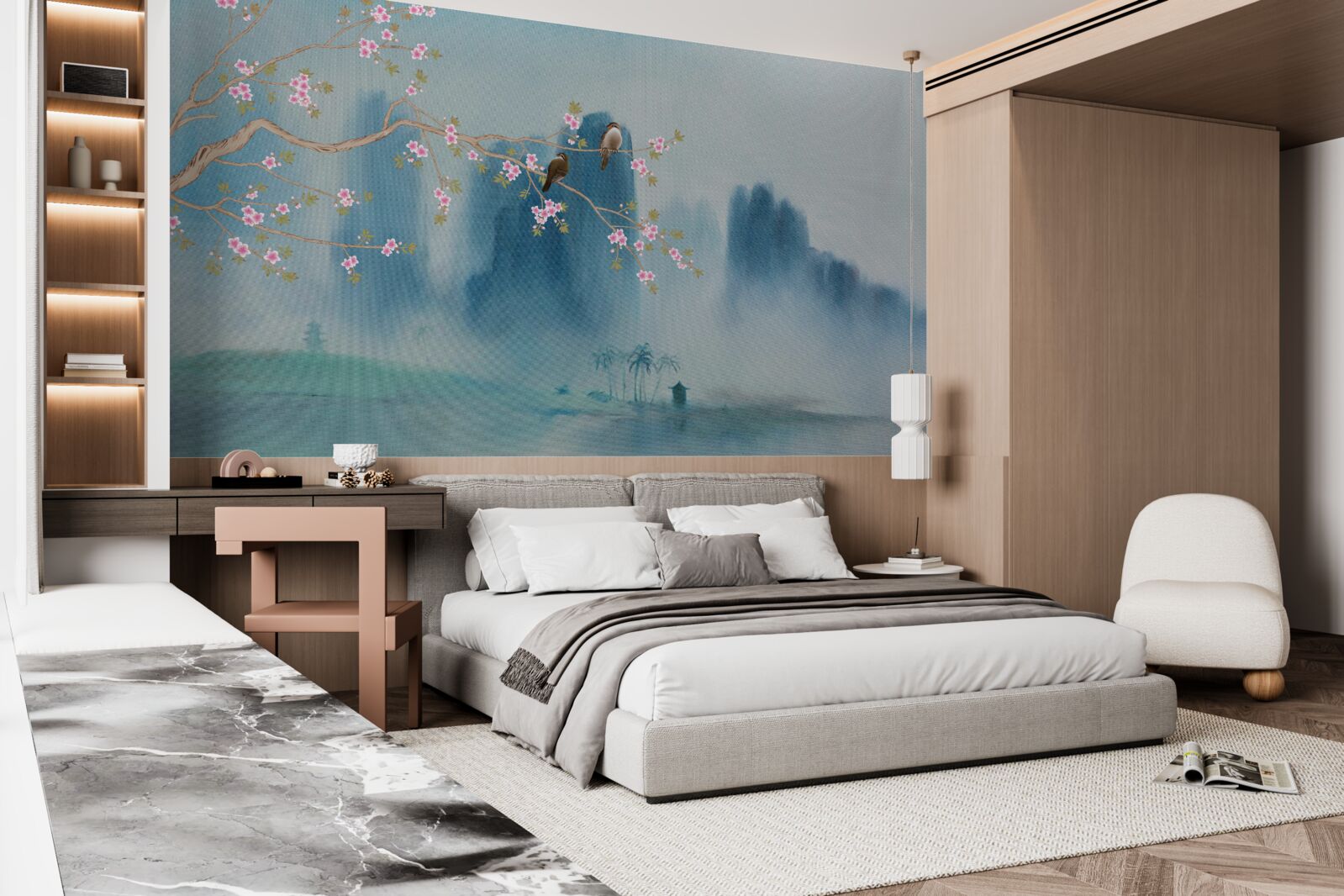 Fototapet florile de cireș se ramifică deasupra unui lac acoperit de ceață