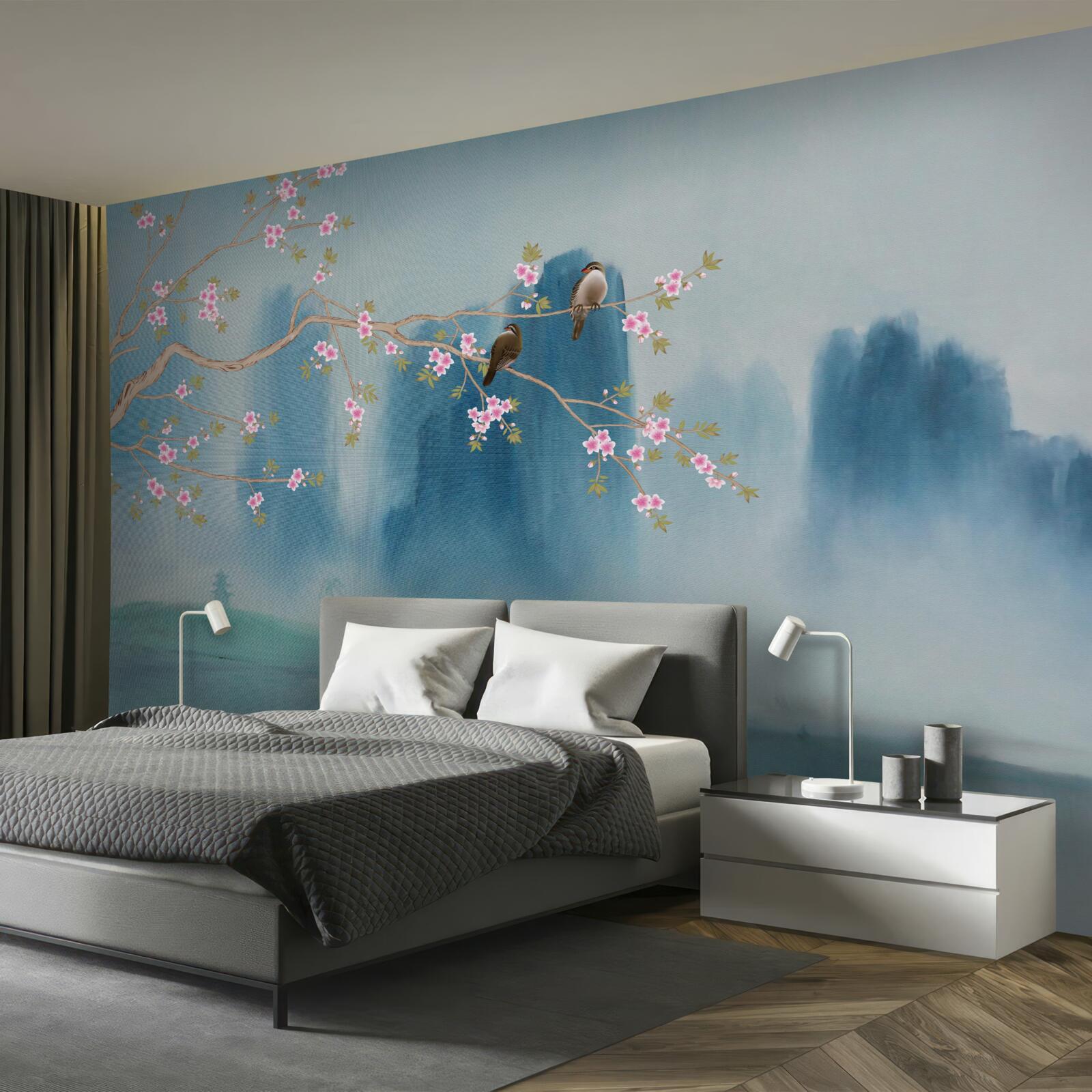 Fototapet florile de cireș se ramifică deasupra unui lac acoperit de ceață