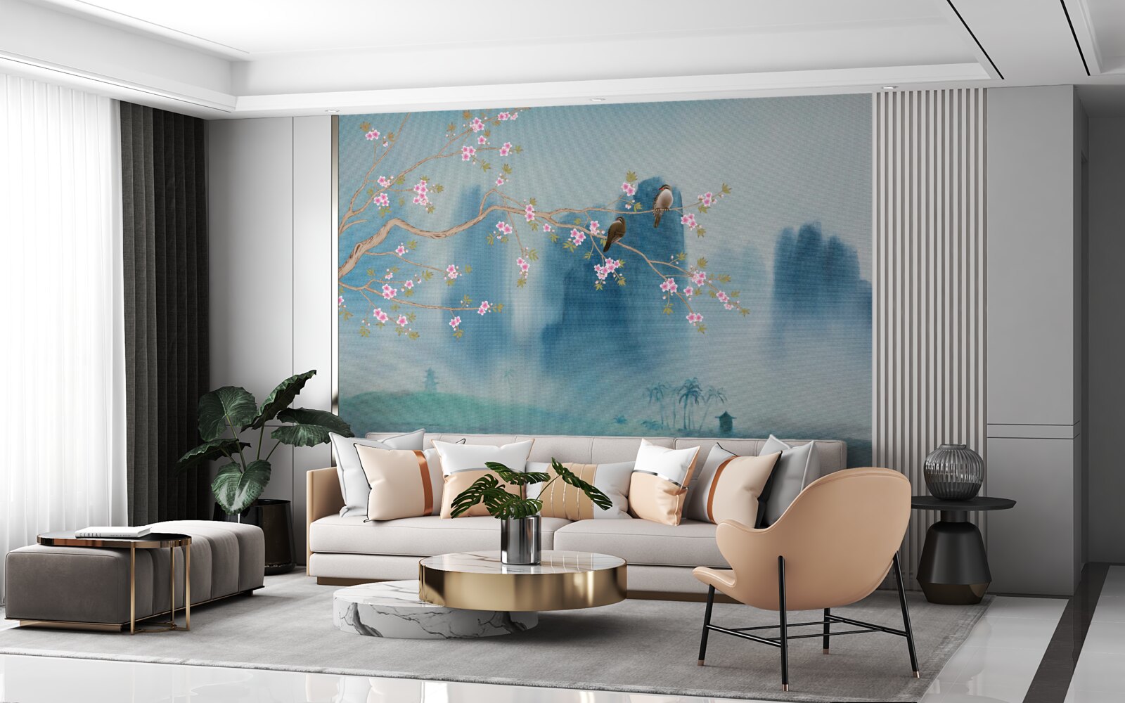 Fototapet florile de cireș se ramifică deasupra unui lac acoperit de ceață