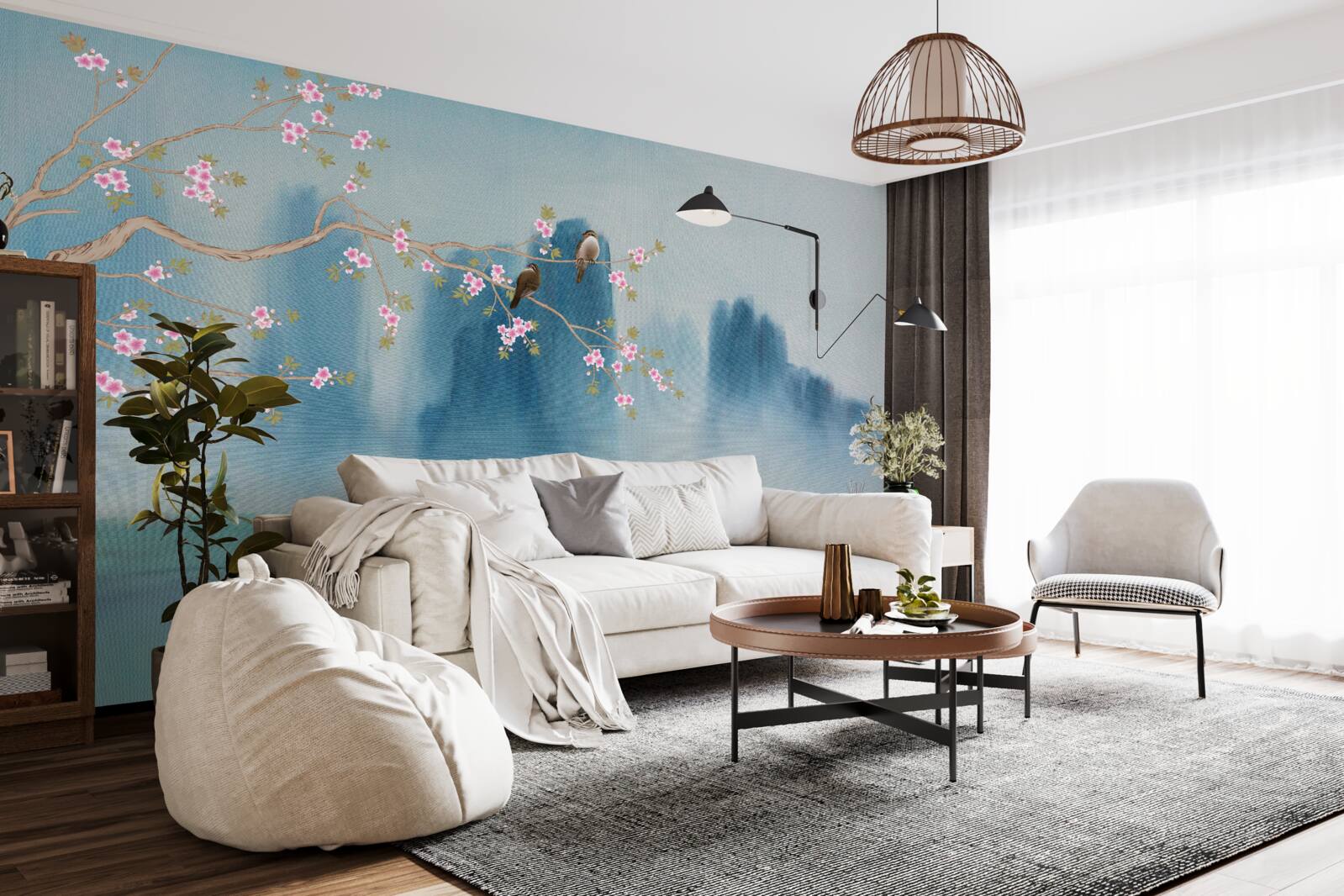 Fototapet florile de cireș se ramifică deasupra unui lac acoperit de ceață