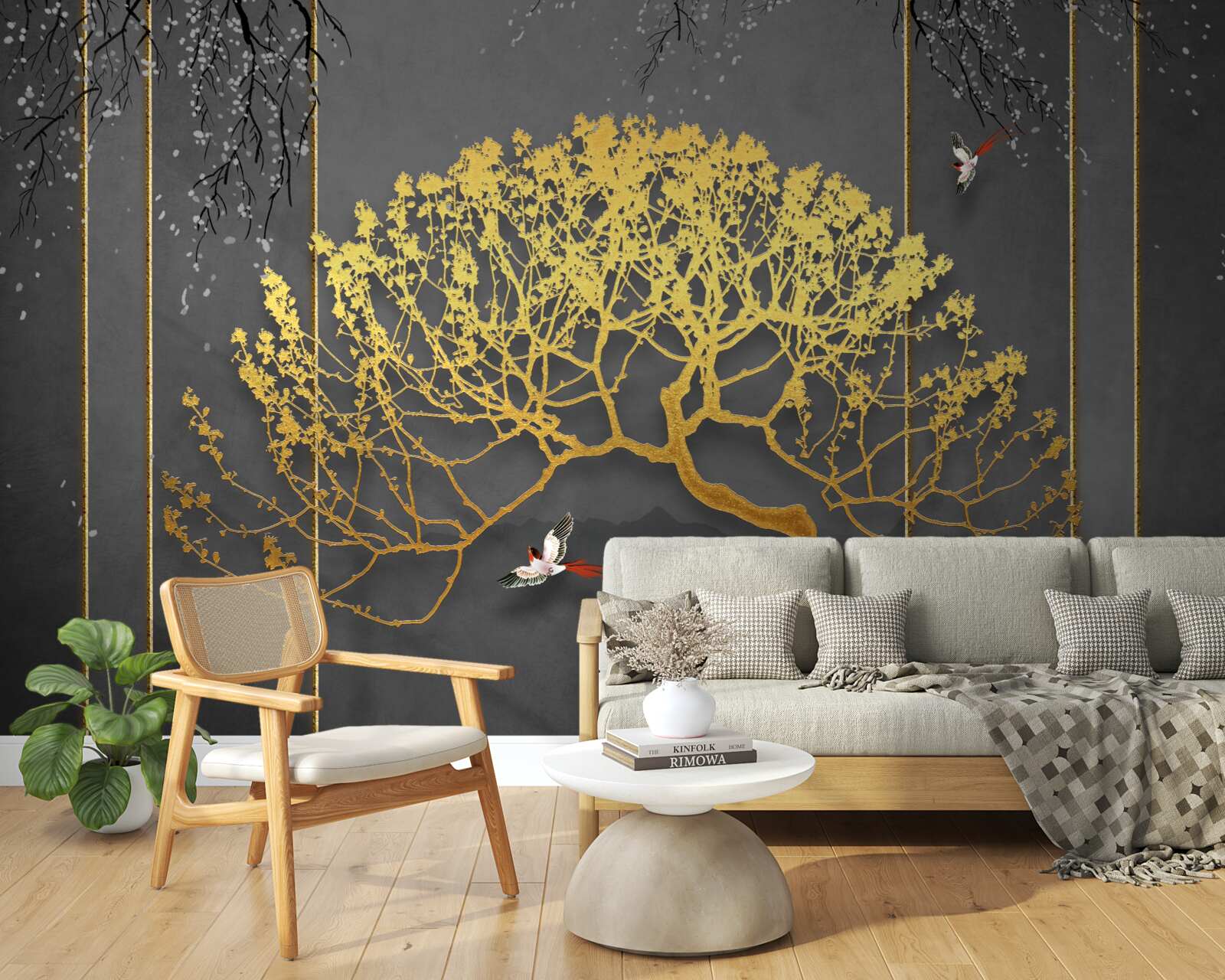 Fototapet silueta unui copac bonsai strălucind în aur