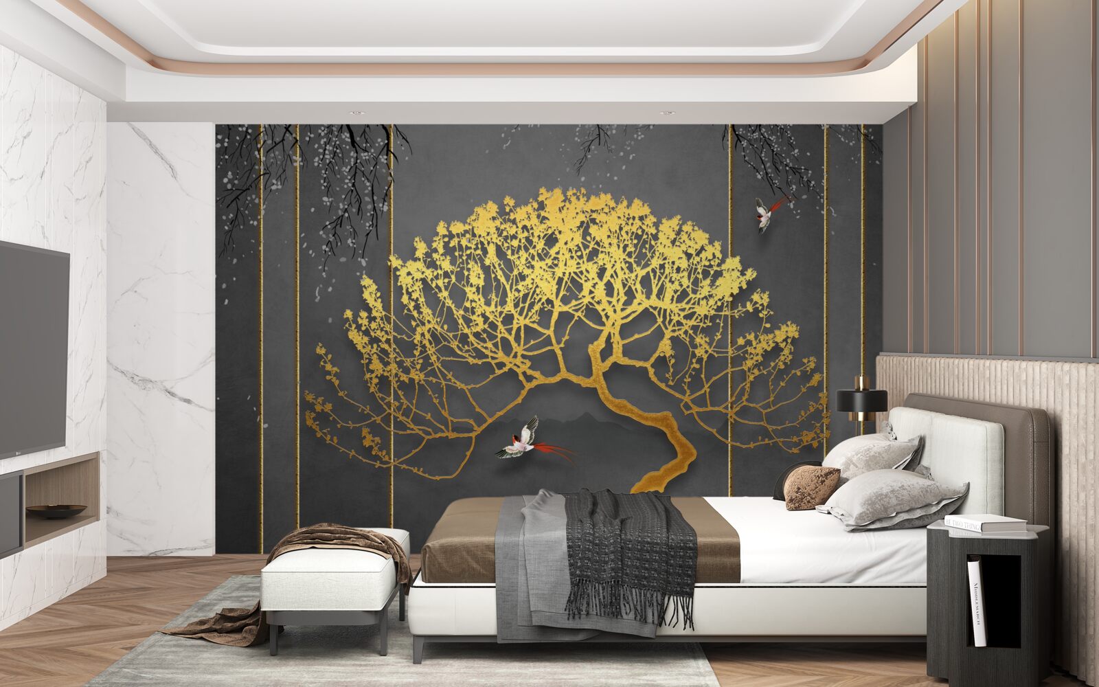 Fototapet silueta unui copac bonsai strălucind în aur